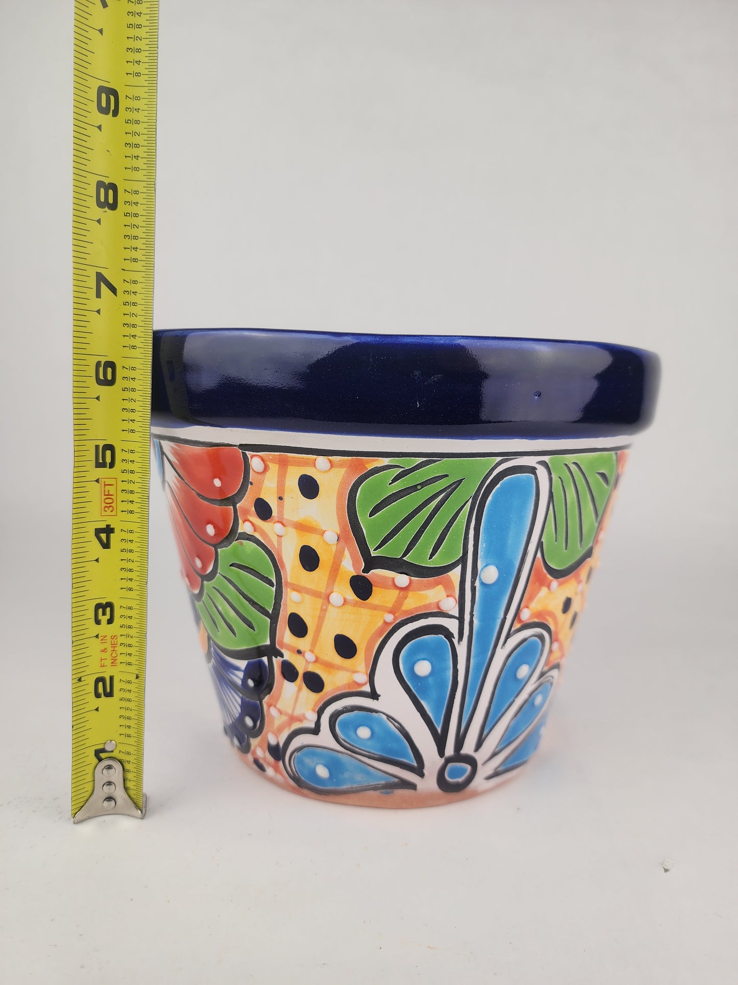 Blue Rim Talavera Ceramic Planter 8" | Large Decorative Flower Pot
