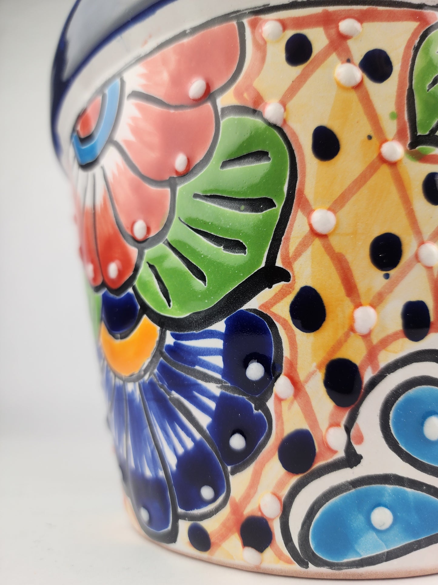 Blue Rim Talavera Ceramic Planter 8" | Large Decorative Flower Pot