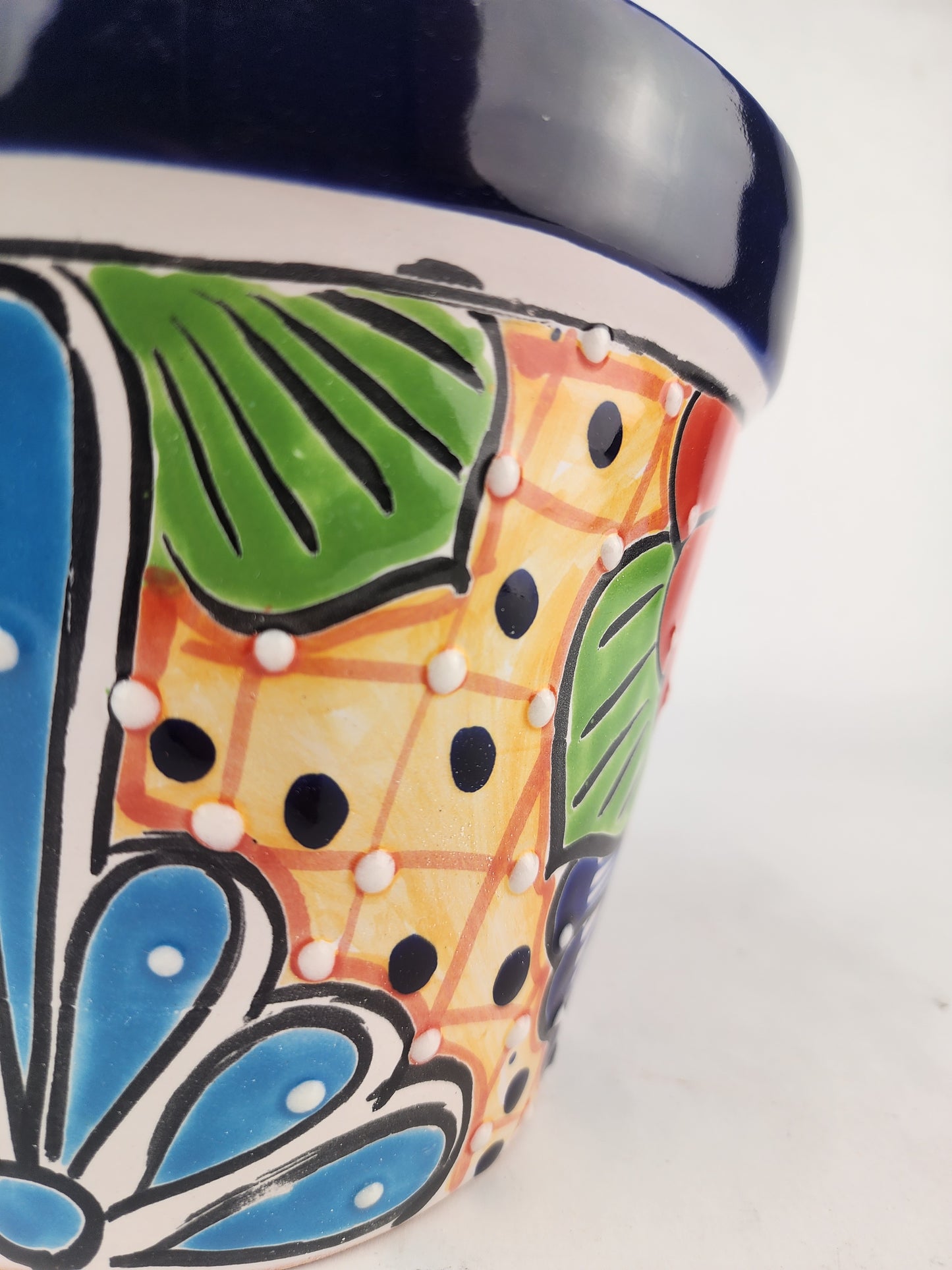 Blue Rim Talavera Ceramic Planter 8" | Large Decorative Flower Pot