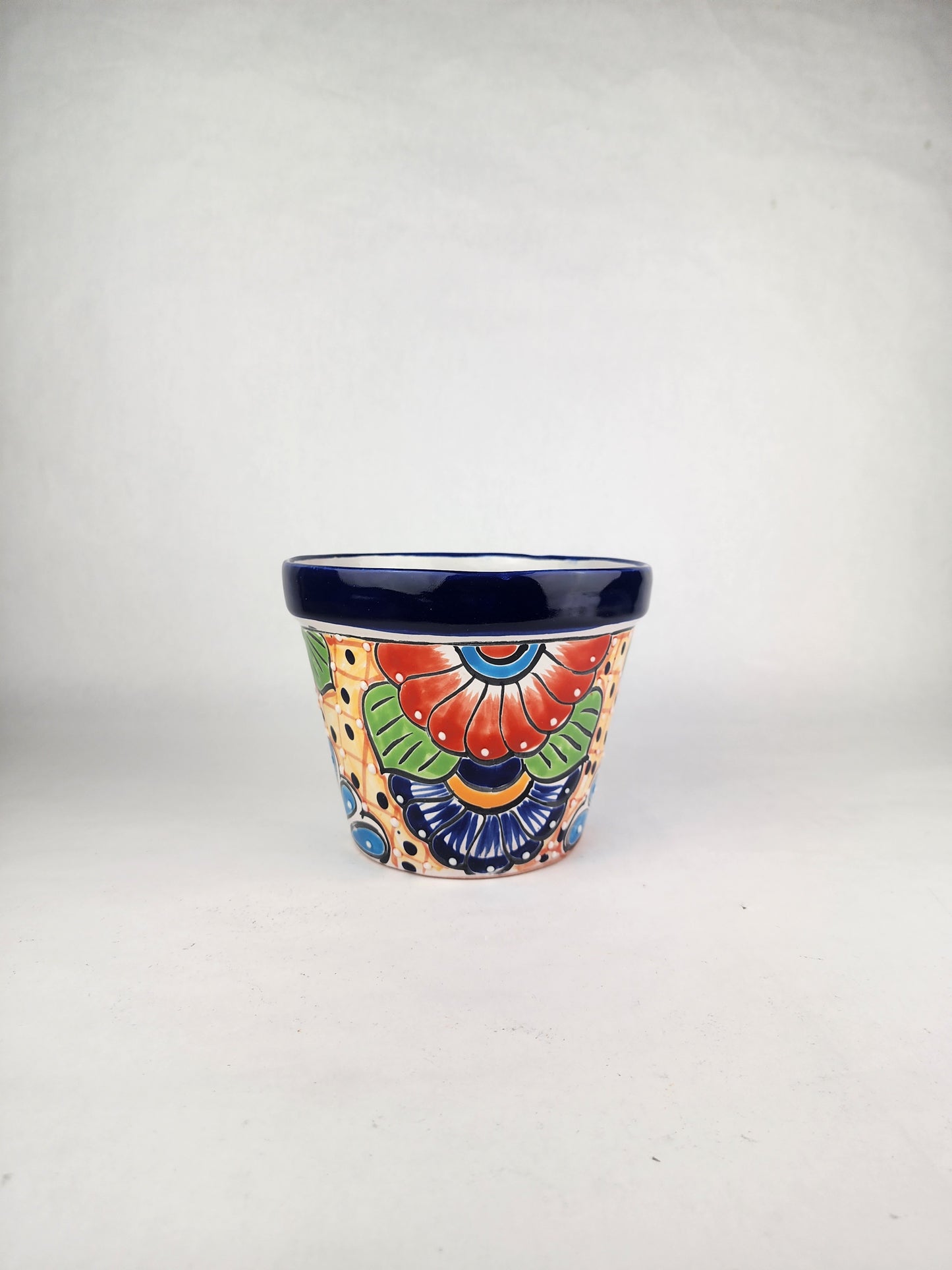 Blue Rim Talavera Ceramic Planter 8" | Large Decorative Flower Pot