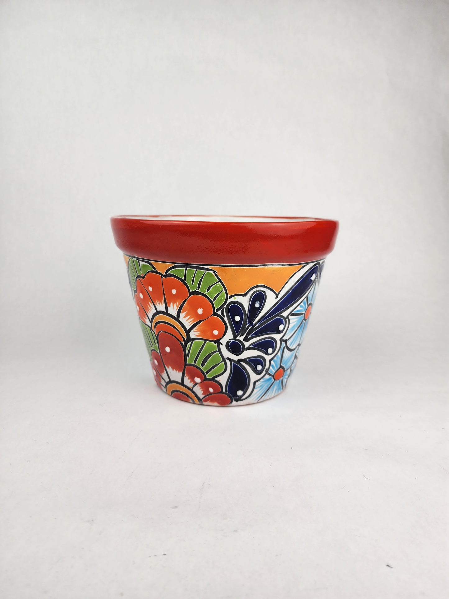Red Rim Talavera-Style Ceramic Planter 8" | Statement Plant Pot