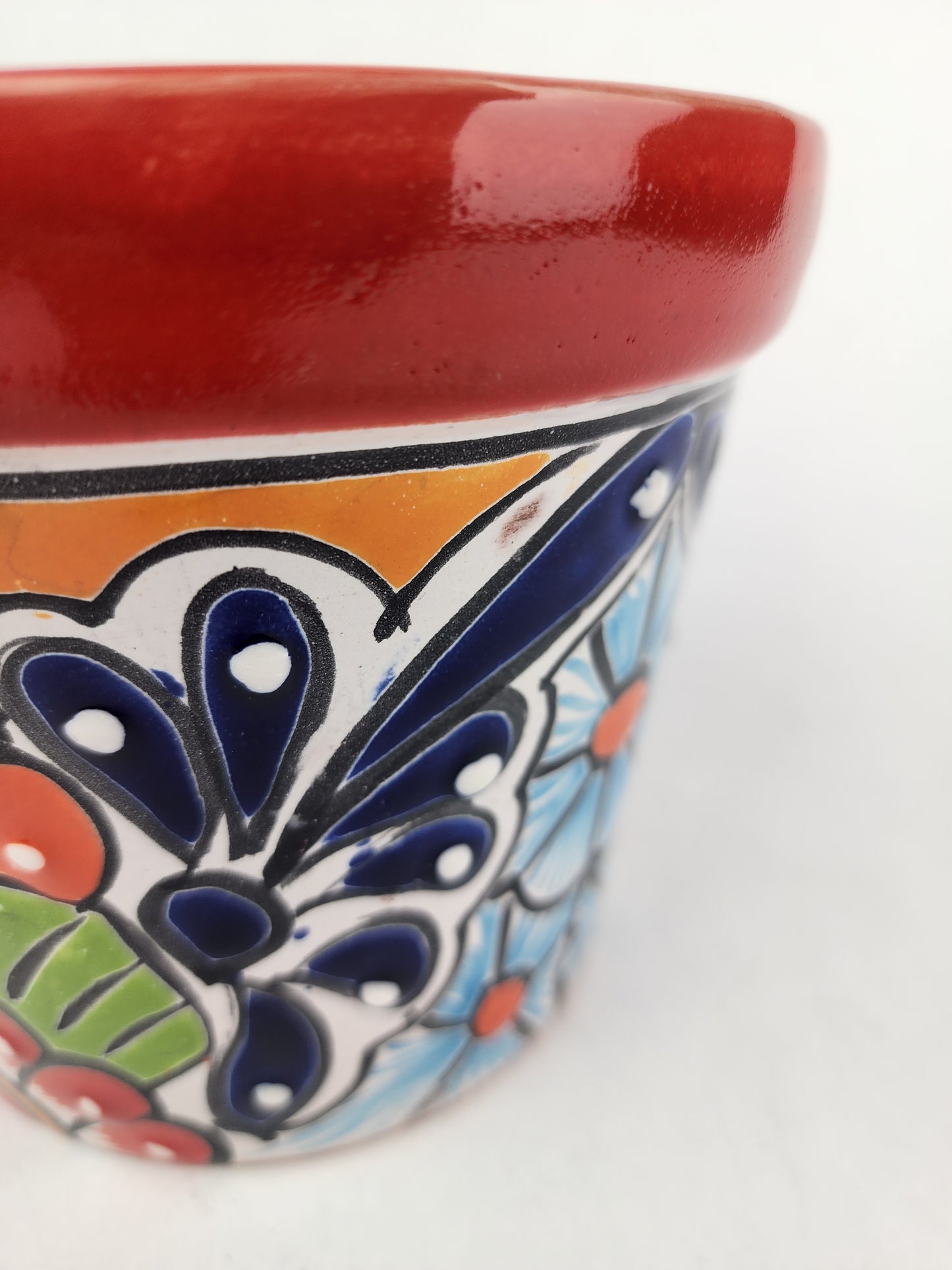 Red Rim Talavera-Style Ceramic Planter 7" | Floral Houseplant Pot