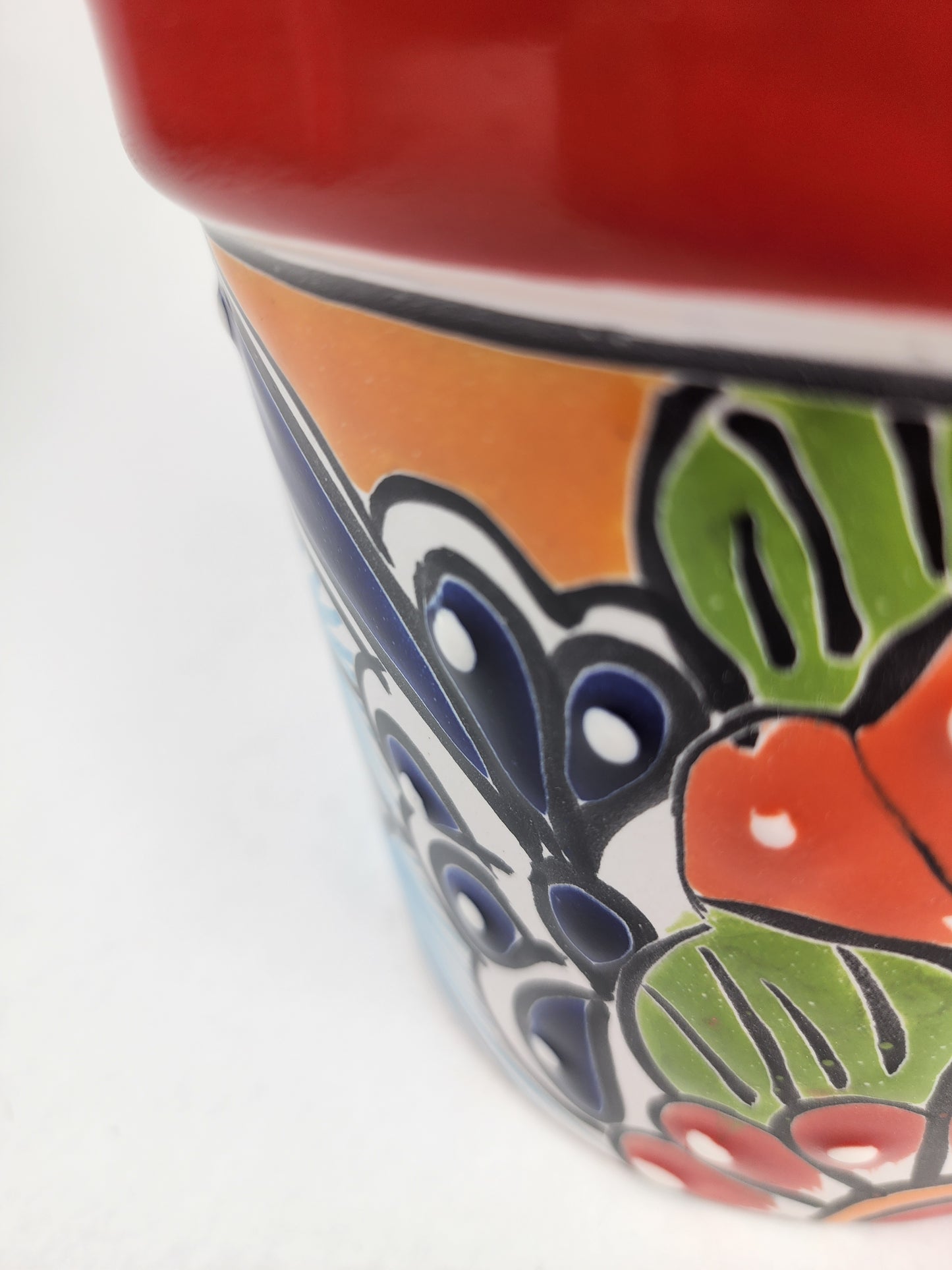 Red Rim Talavera-Style Ceramic Planter 7" | Floral Houseplant Pot