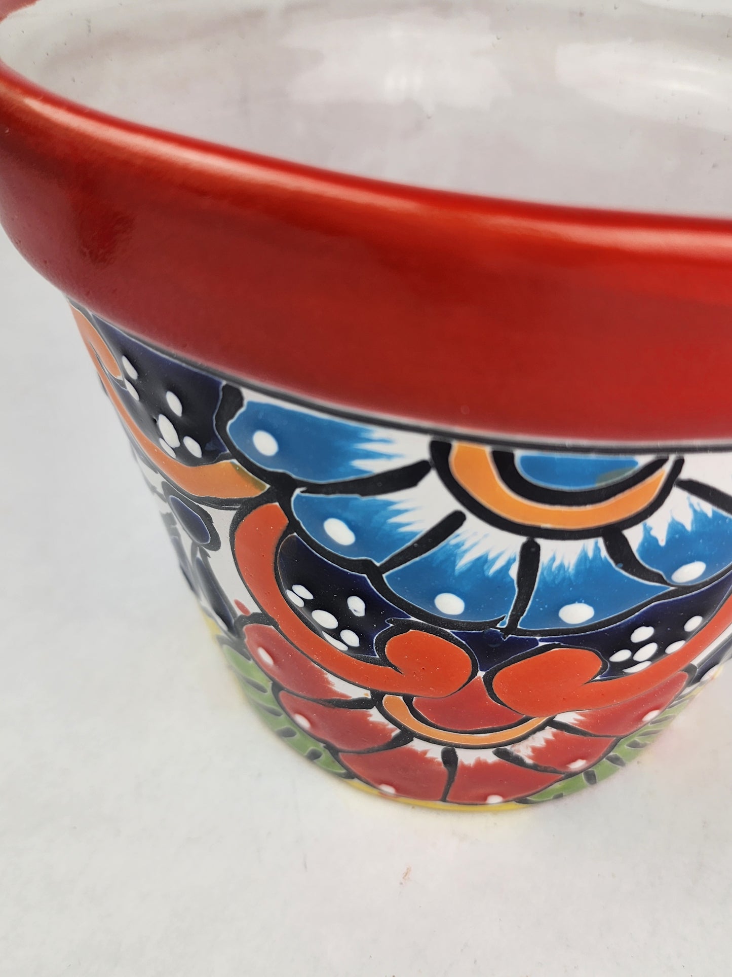 Red Rim Talavera-Style Ceramic Planter 8" | Decorative Flower Pot