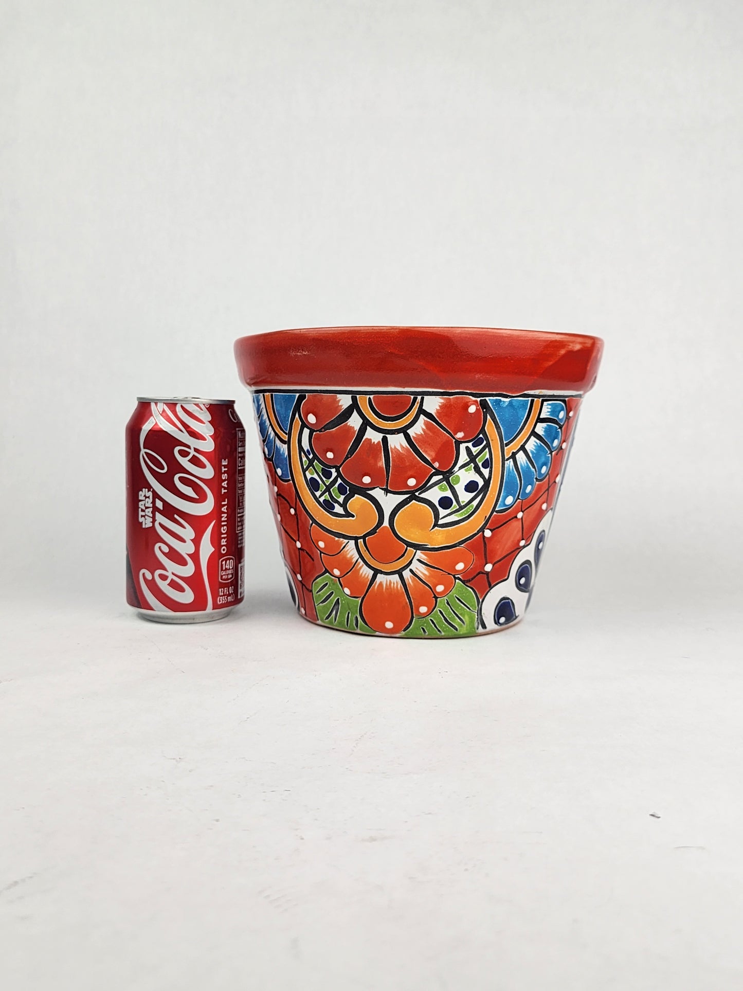 Red Rim Talavera-Style Ceramic Planter 8" | Floral Houseplant Pot