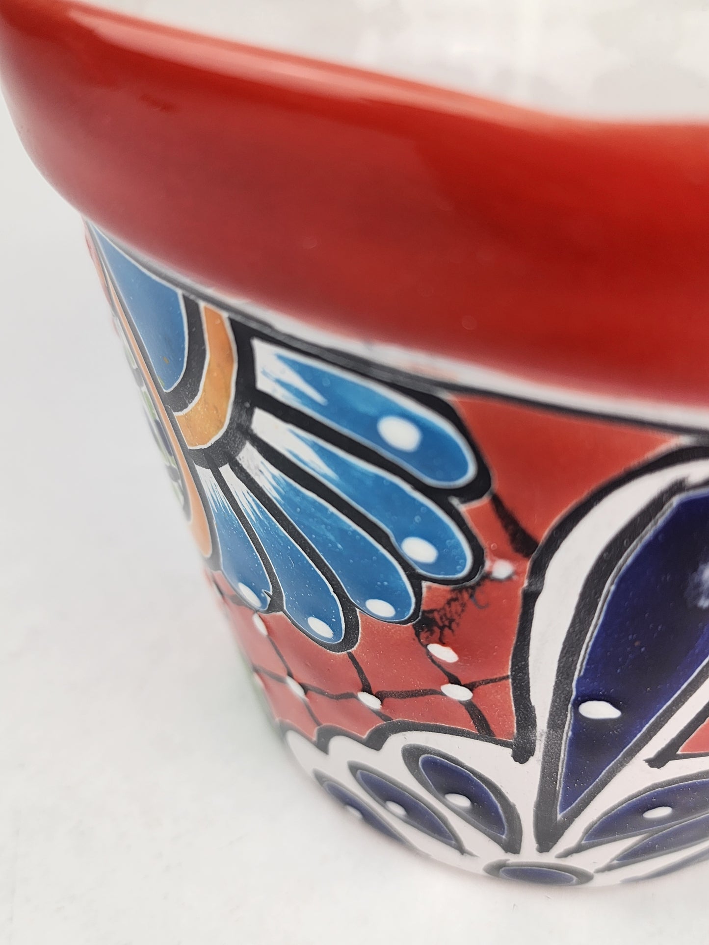 Red Rim Talavera-Style Ceramic Planter 8" | Floral Houseplant Pot