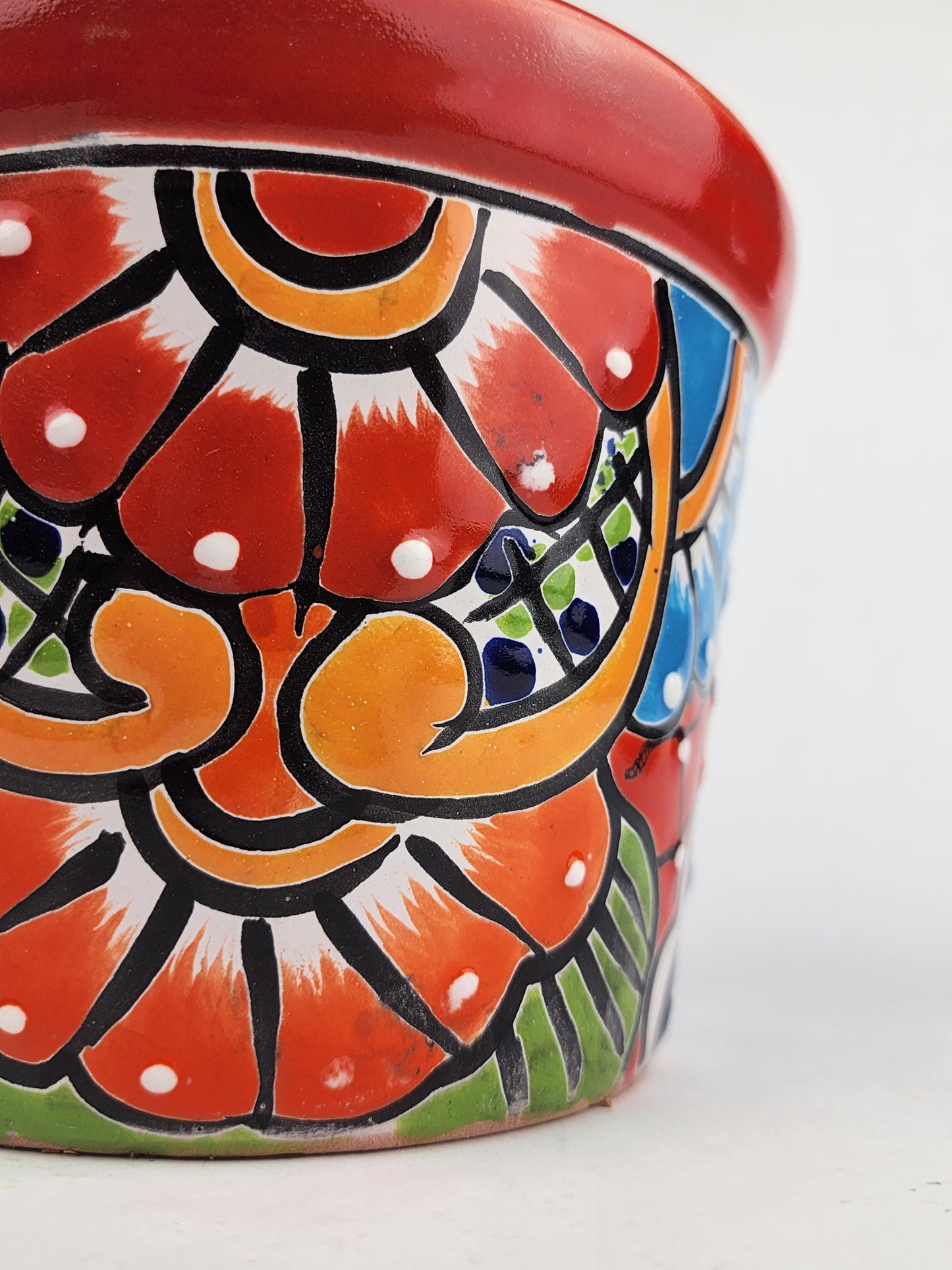 Red Rim Talavera-Style Ceramic Planter 7" | Decorative Flower Pot