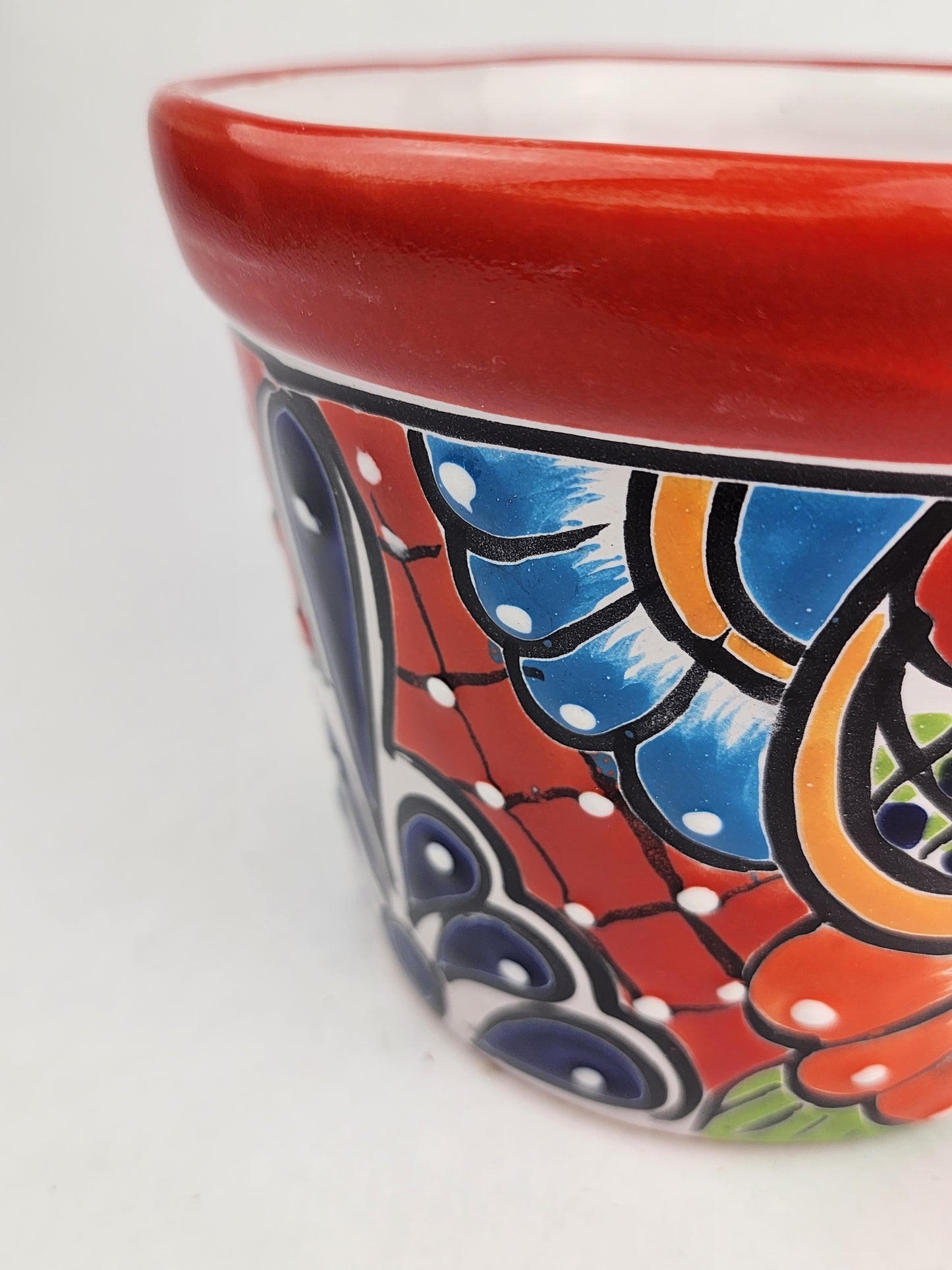 Red Rim Talavera-Style Ceramic Planter 7" | Decorative Flower Pot