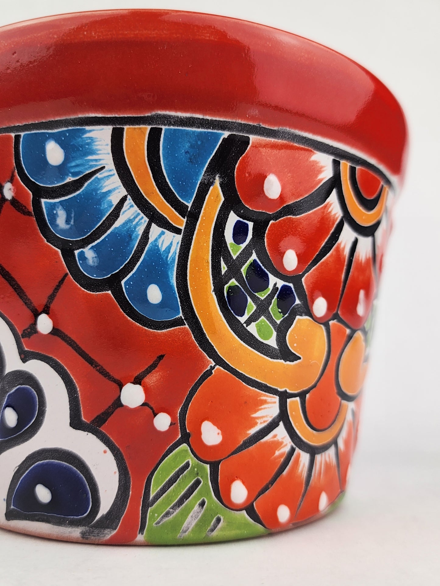 Red Rim Talavera-Style Ceramic Planter 6" | Decorative Flower Pot