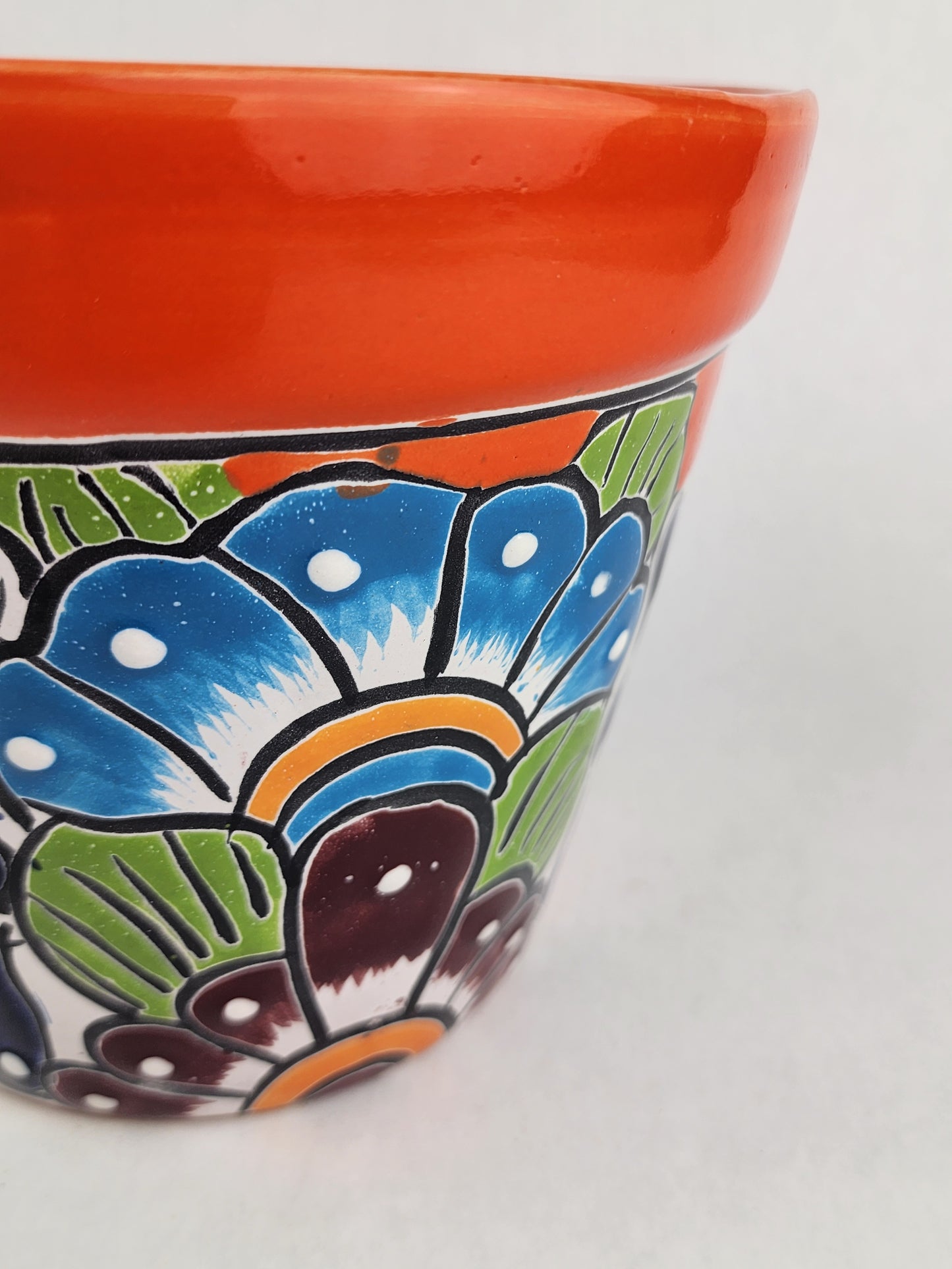 Red Orange Rim Talavera-Style Ceramic Planter 8" | Statement Plant Pot