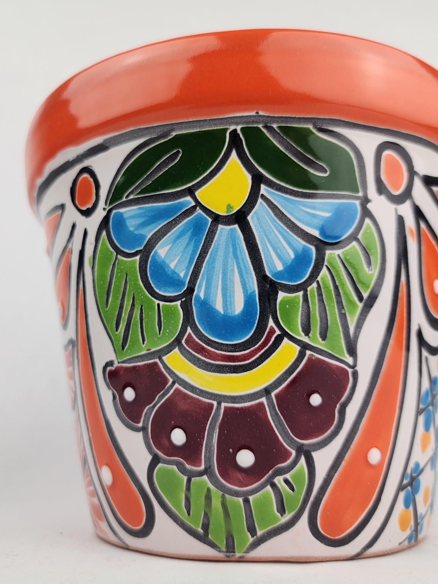 Red Orange Rim Talavera-Style Ceramic Planter 8" | Houseplant Pot
