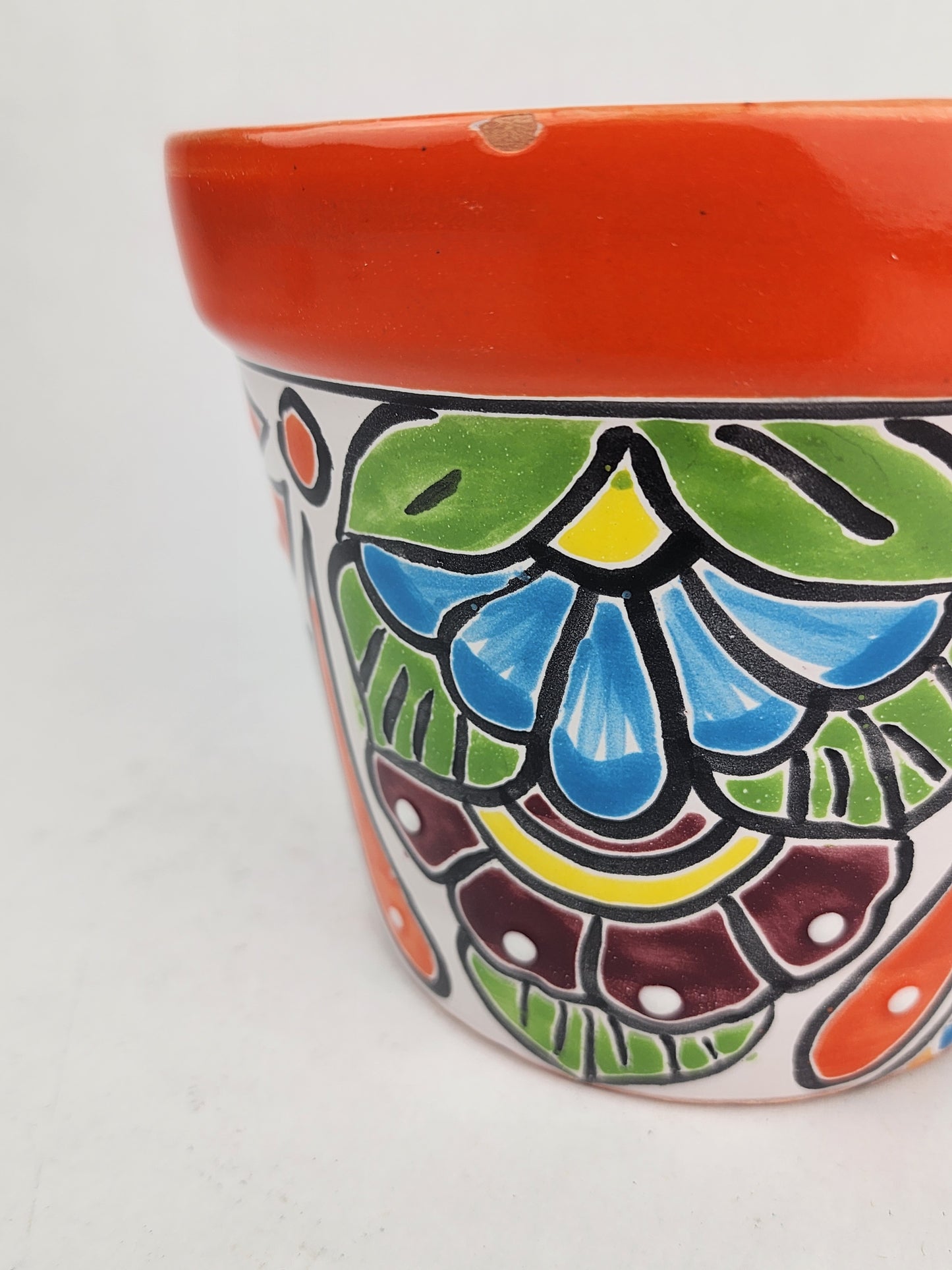 Red Orange Rim Talavera-Style Ceramic Planter 7" | Houseplant Pot