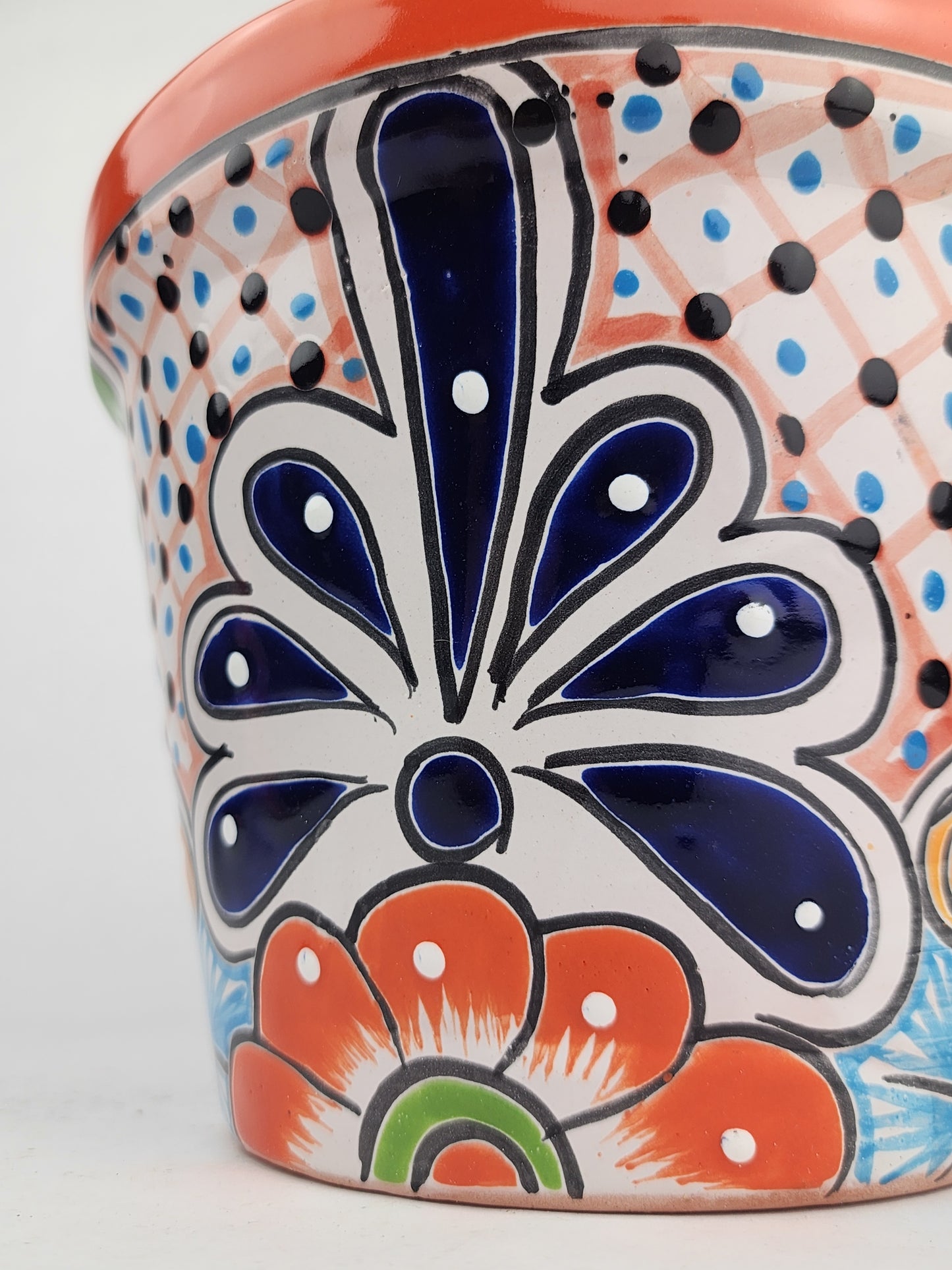 Red Orange Rim Talavera-Style Ceramic Planter 8" | Indoor Plant Pot