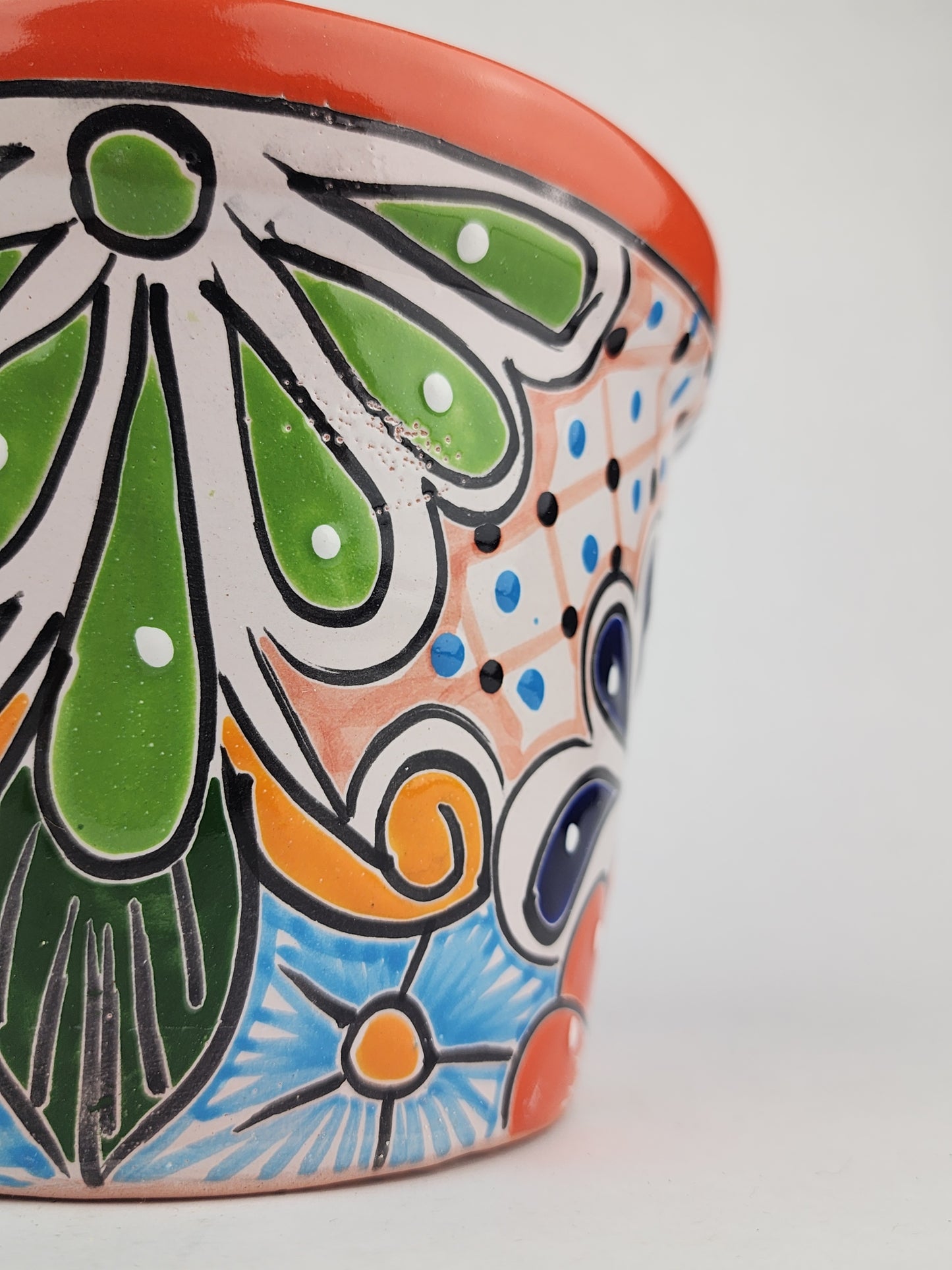 Red Orange Rim Talavera-Style Ceramic Planter 7" | Succulent Plant Pot
