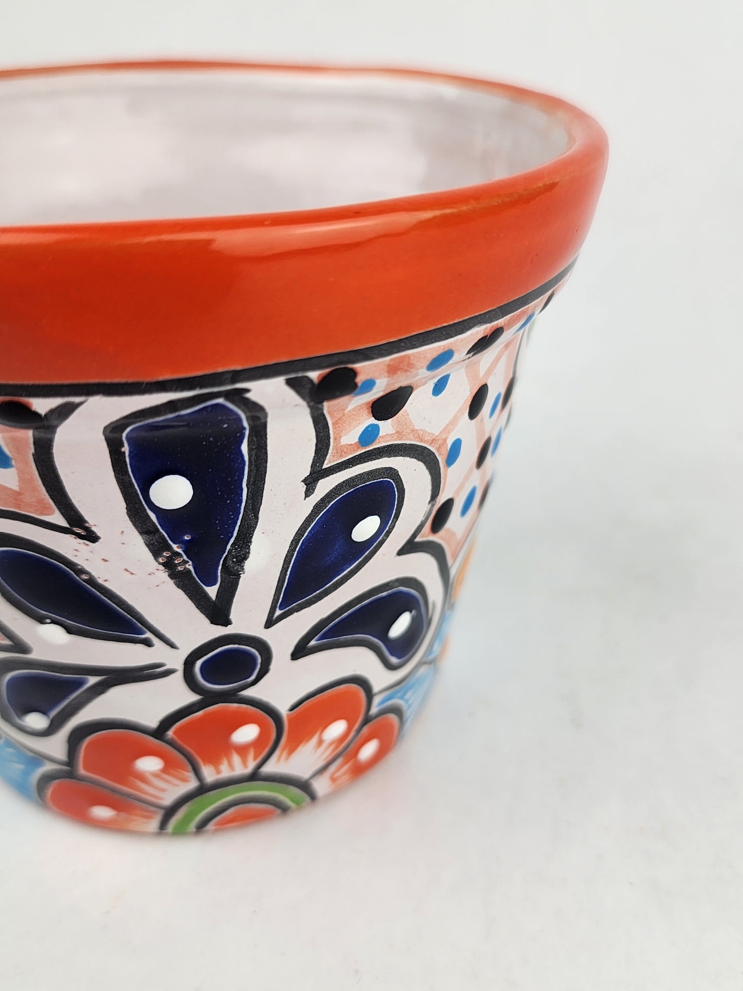Red Orange Rim Talavera-Style Ceramic Planter 5" | Decorative Flower Pot