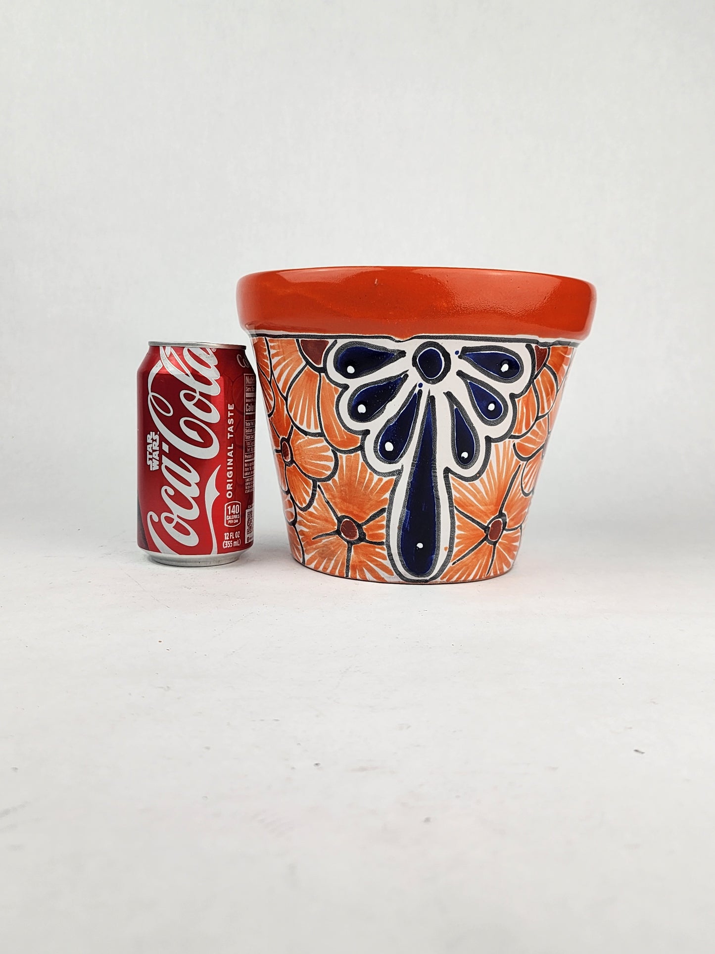 Red Orange Rim Talavera-Style Ceramic Planter 8" | Floral Plant Pot