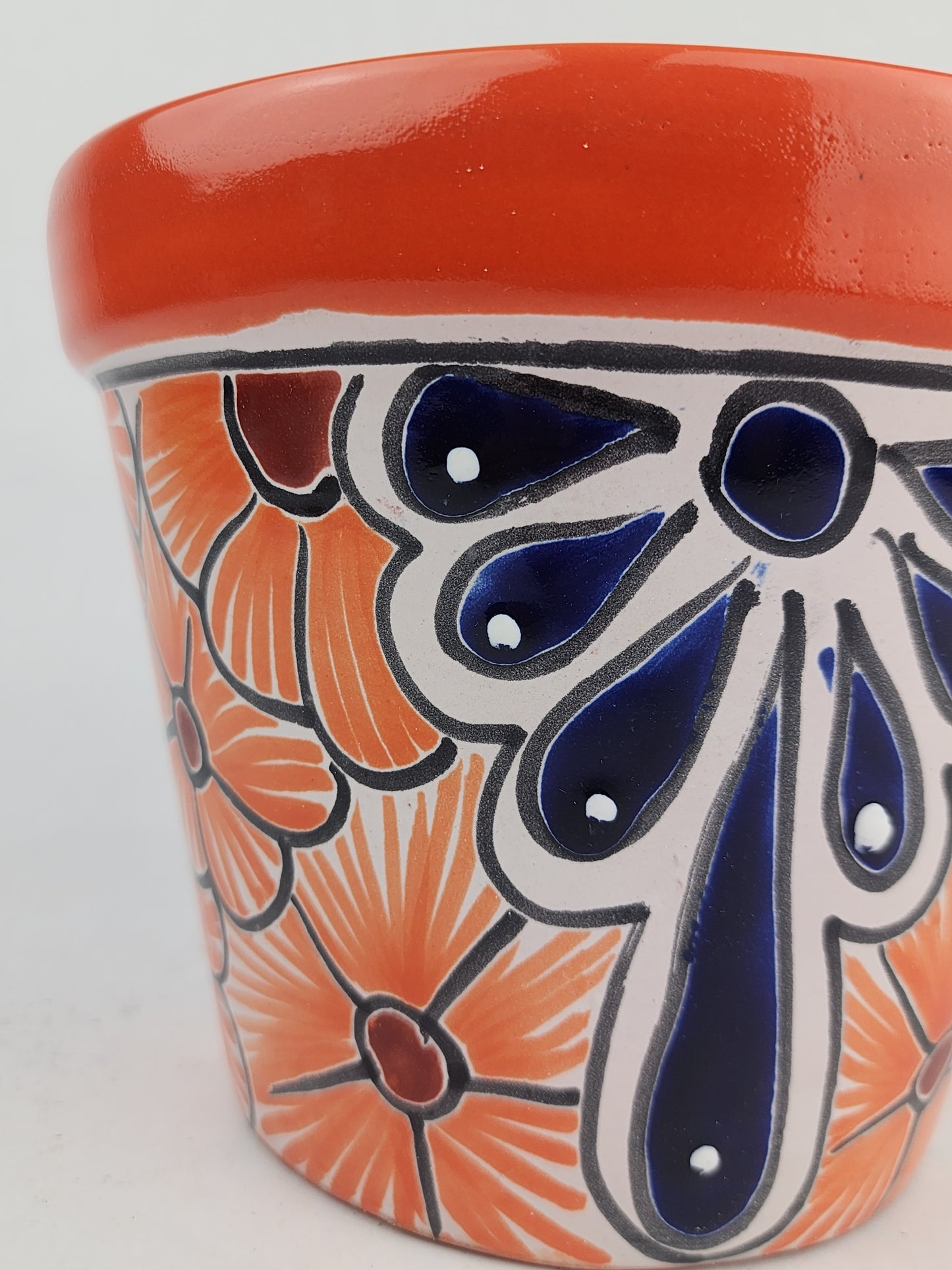 Red Orange Rim Talavera-Style Ceramic Planter 8" | Floral Plant Pot
