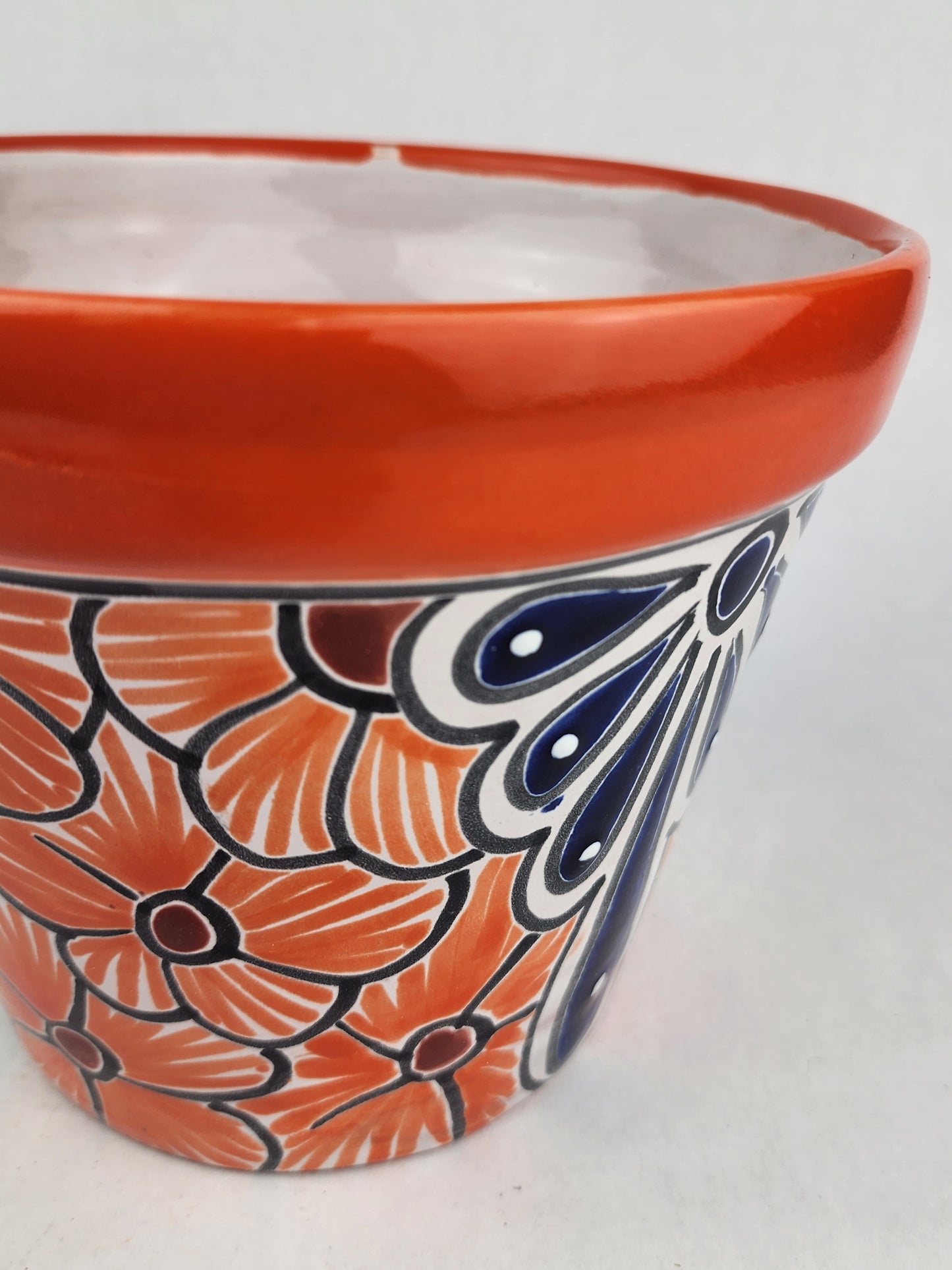 Red Orange Rim Talavera-Style Ceramic Planter 8" | Floral Plant Pot
