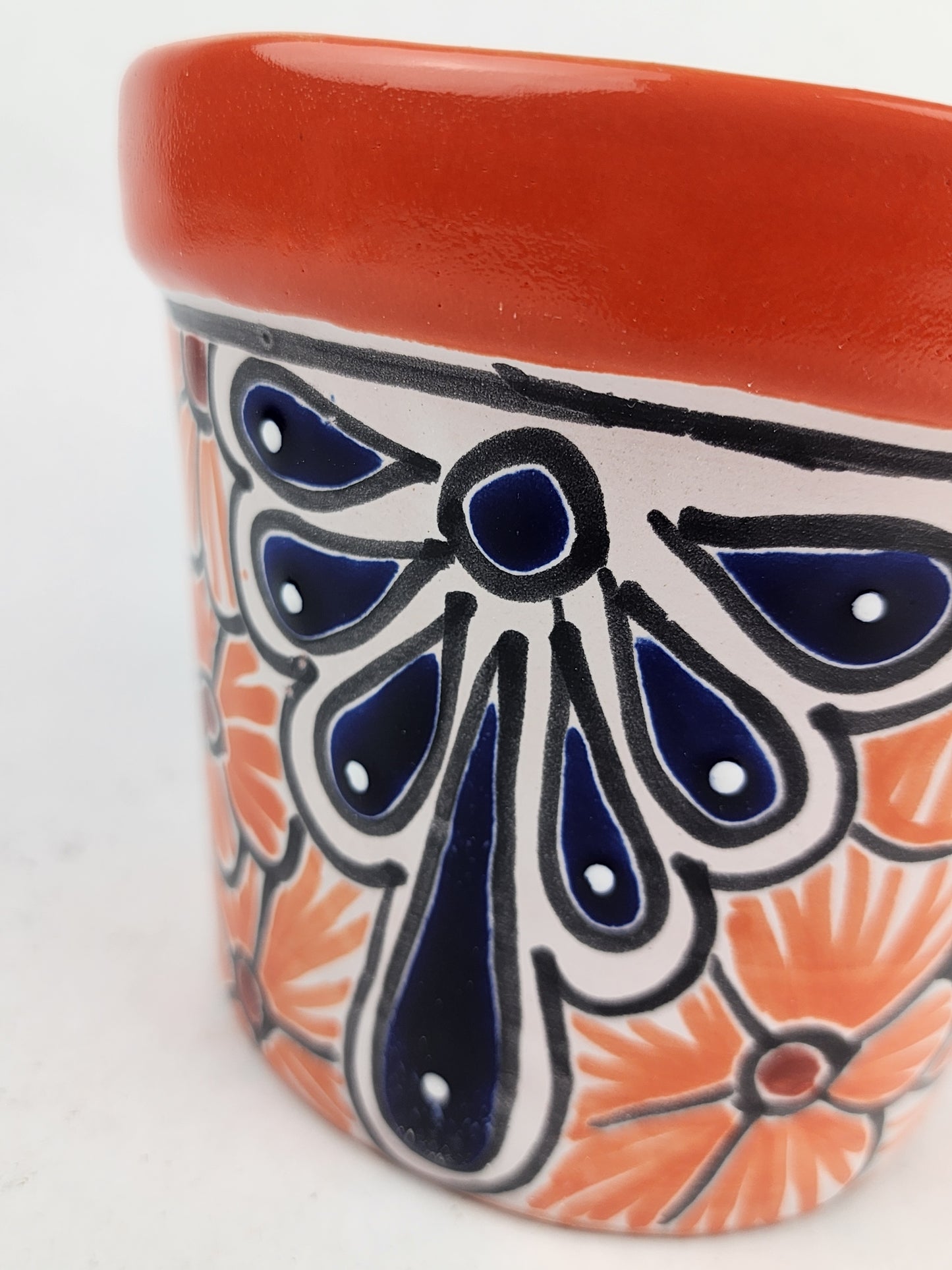 Red Orange Rim Talavera-Style Ceramic Planter 7" | Floral Plant Pot