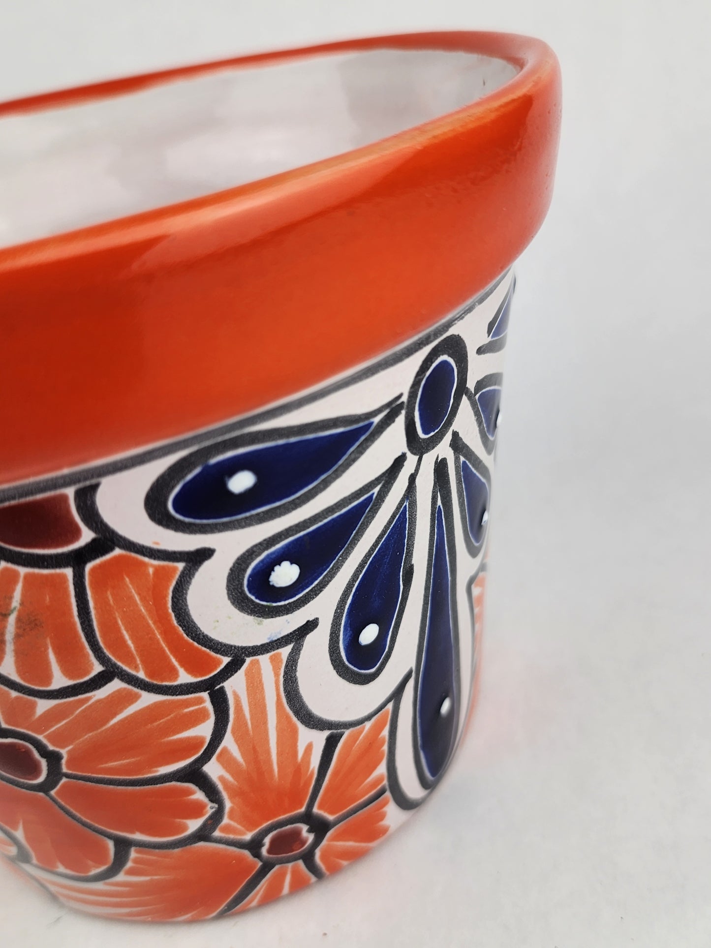 Red Orange Rim Talavera-Style Ceramic Planter 7" | Floral Plant Pot