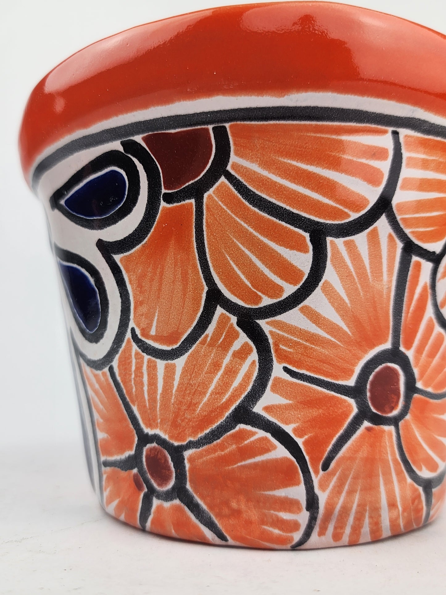 Red Orange Rim Talavera-Style Ceramic Planter 6" | Floral Plant Pot