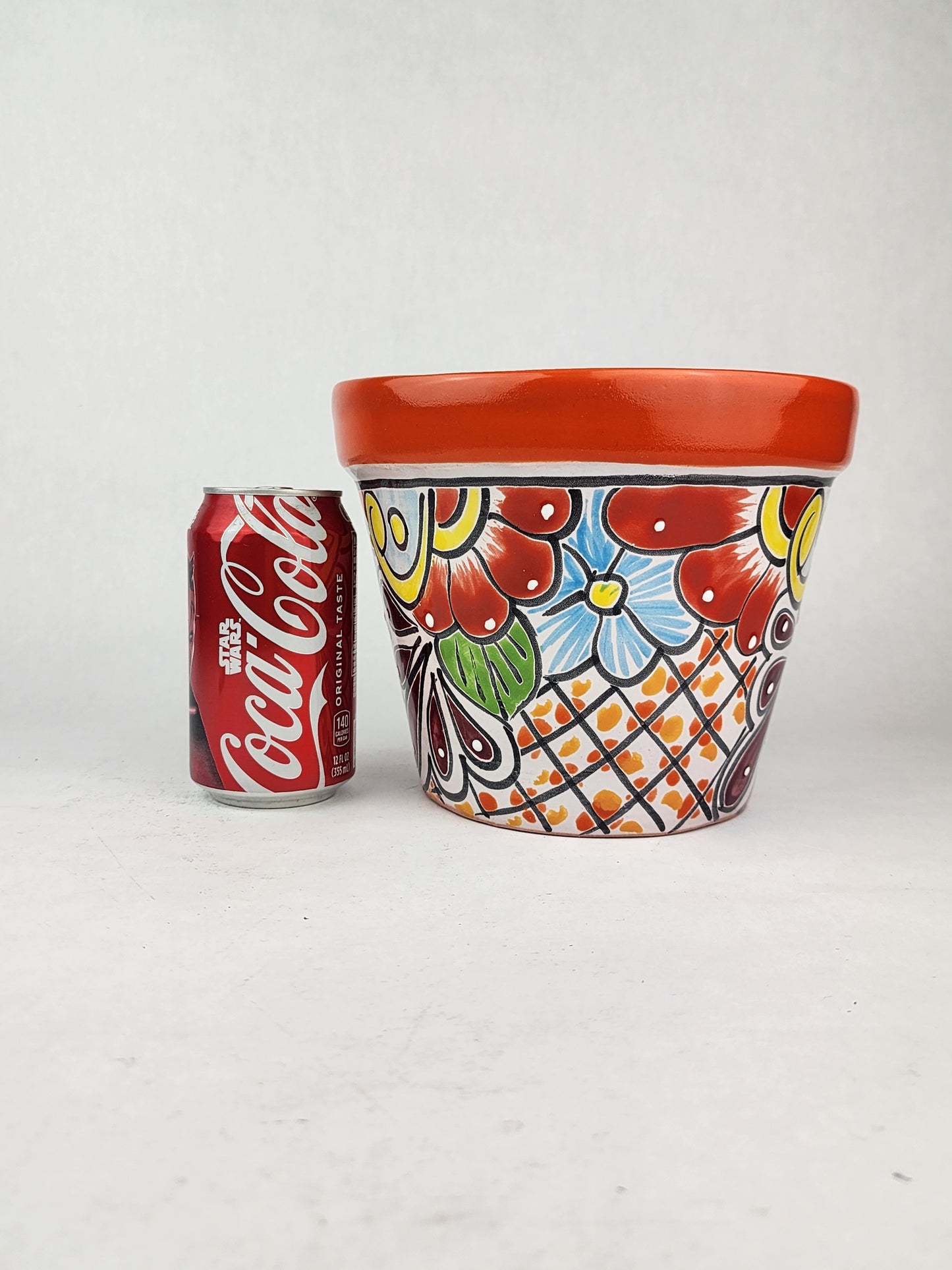 Red Orange Rim Talavera-Style Ceramic Planter 8" | Decorative Flower Pot