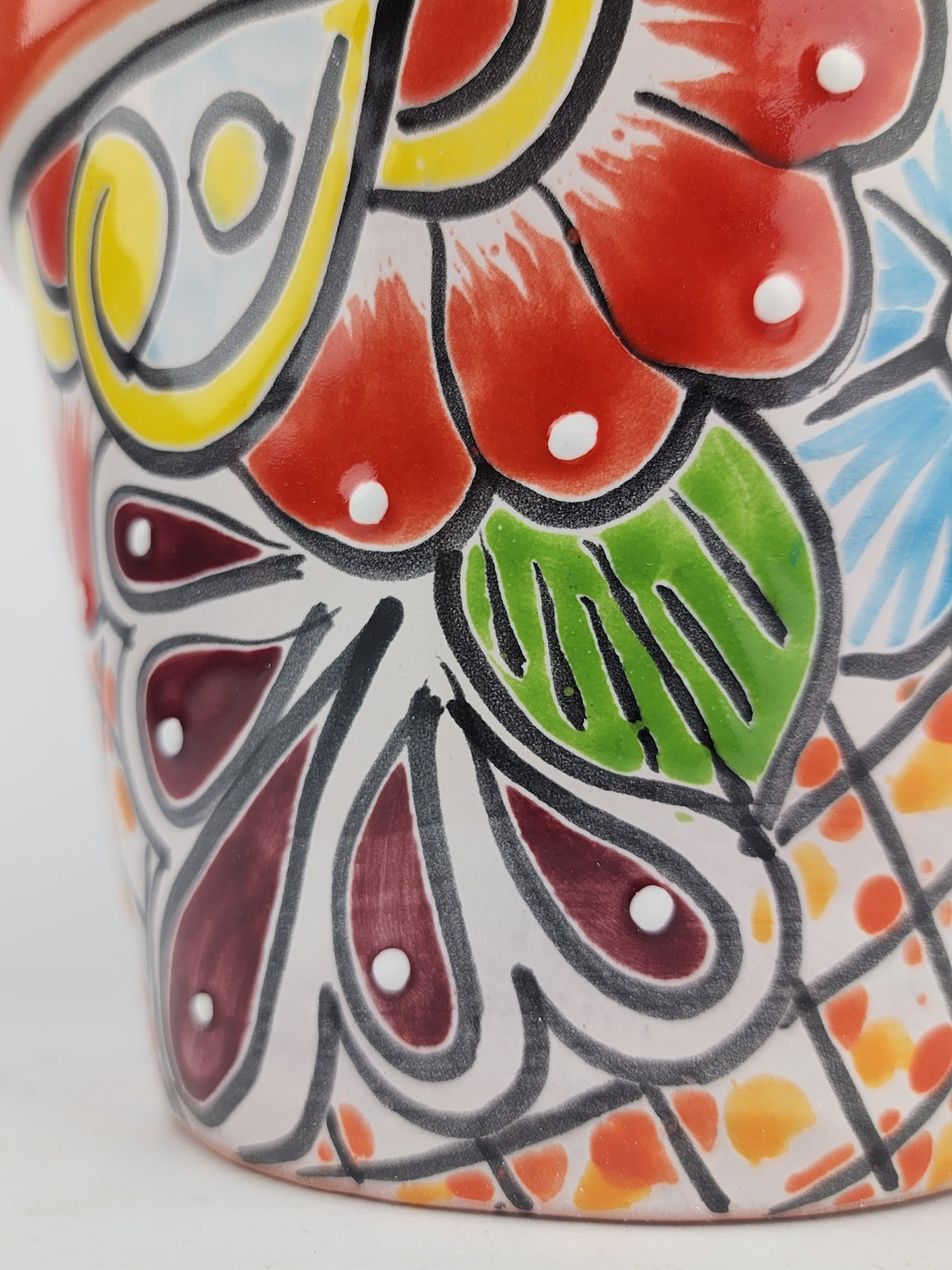 Red Orange Rim Talavera-Style Ceramic Planter 8" | Decorative Flower Pot