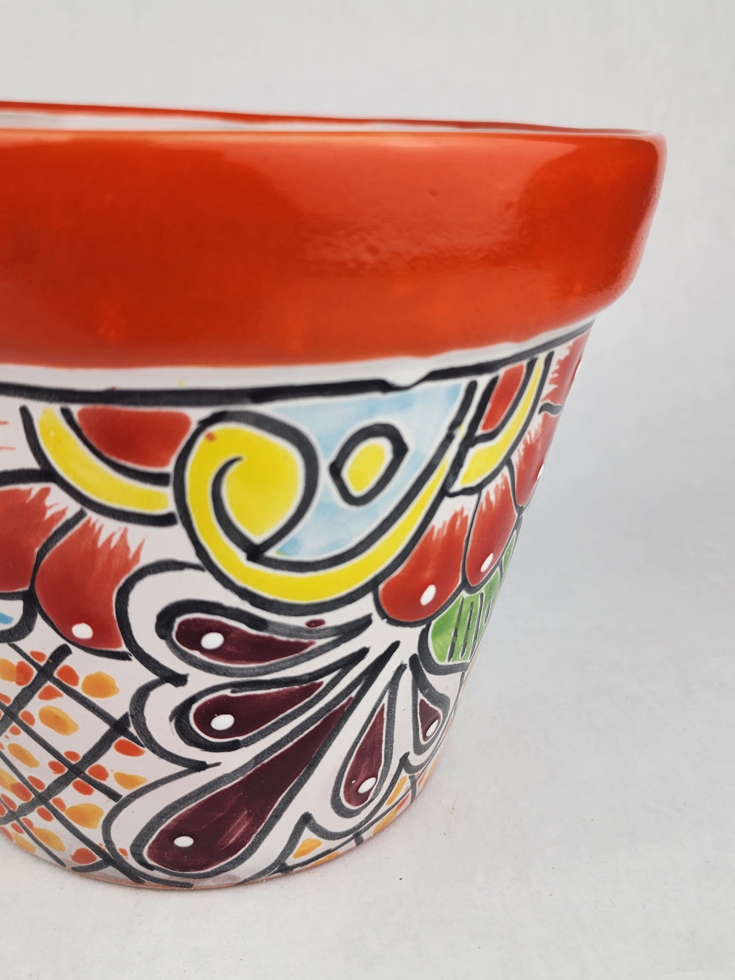 Red Orange Rim Talavera-Style Ceramic Planter 8" | Decorative Flower Pot