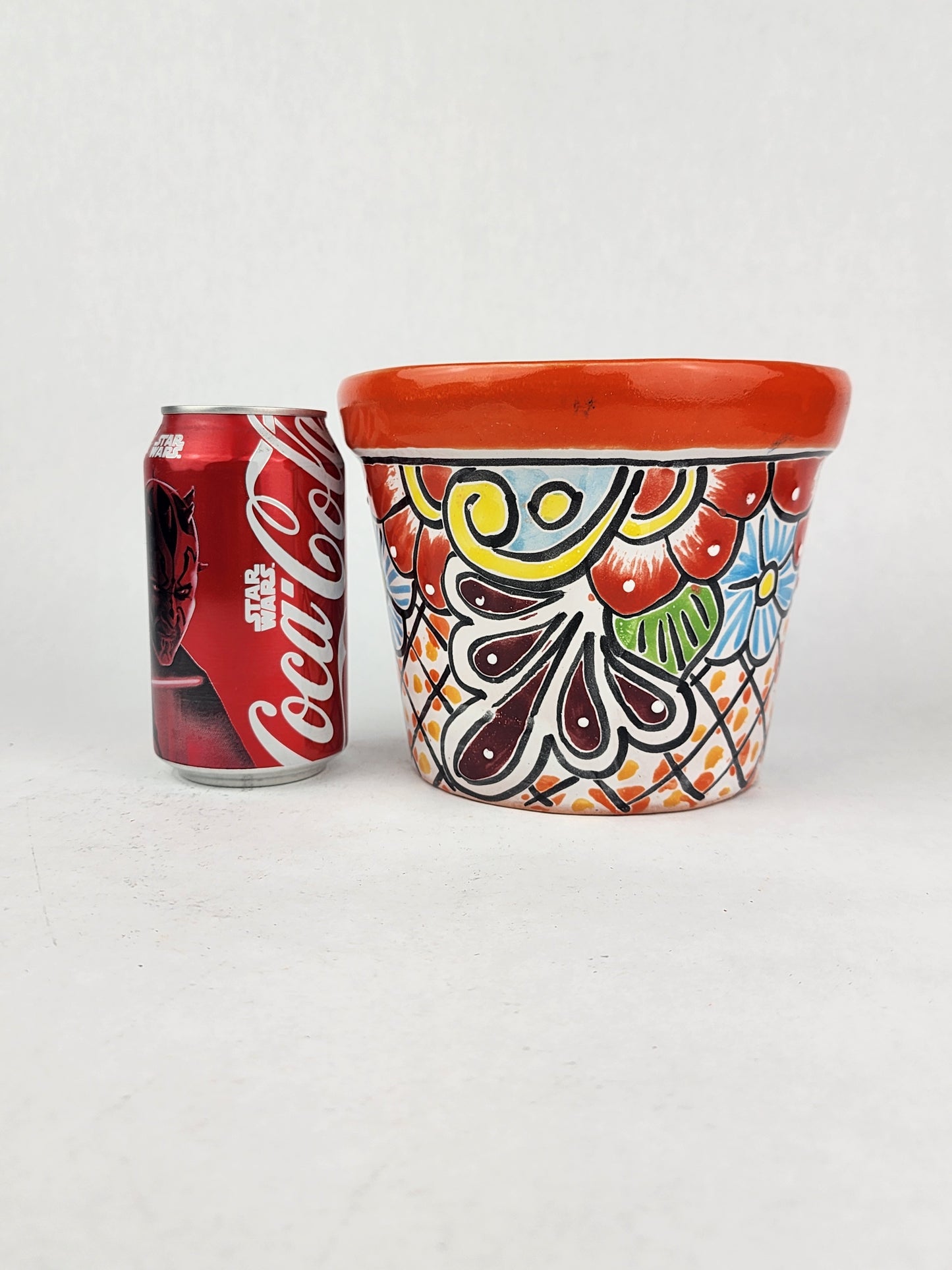 Red Orange Rim Talavera-Style Ceramic Planter 7" | Decorative Flower Pot