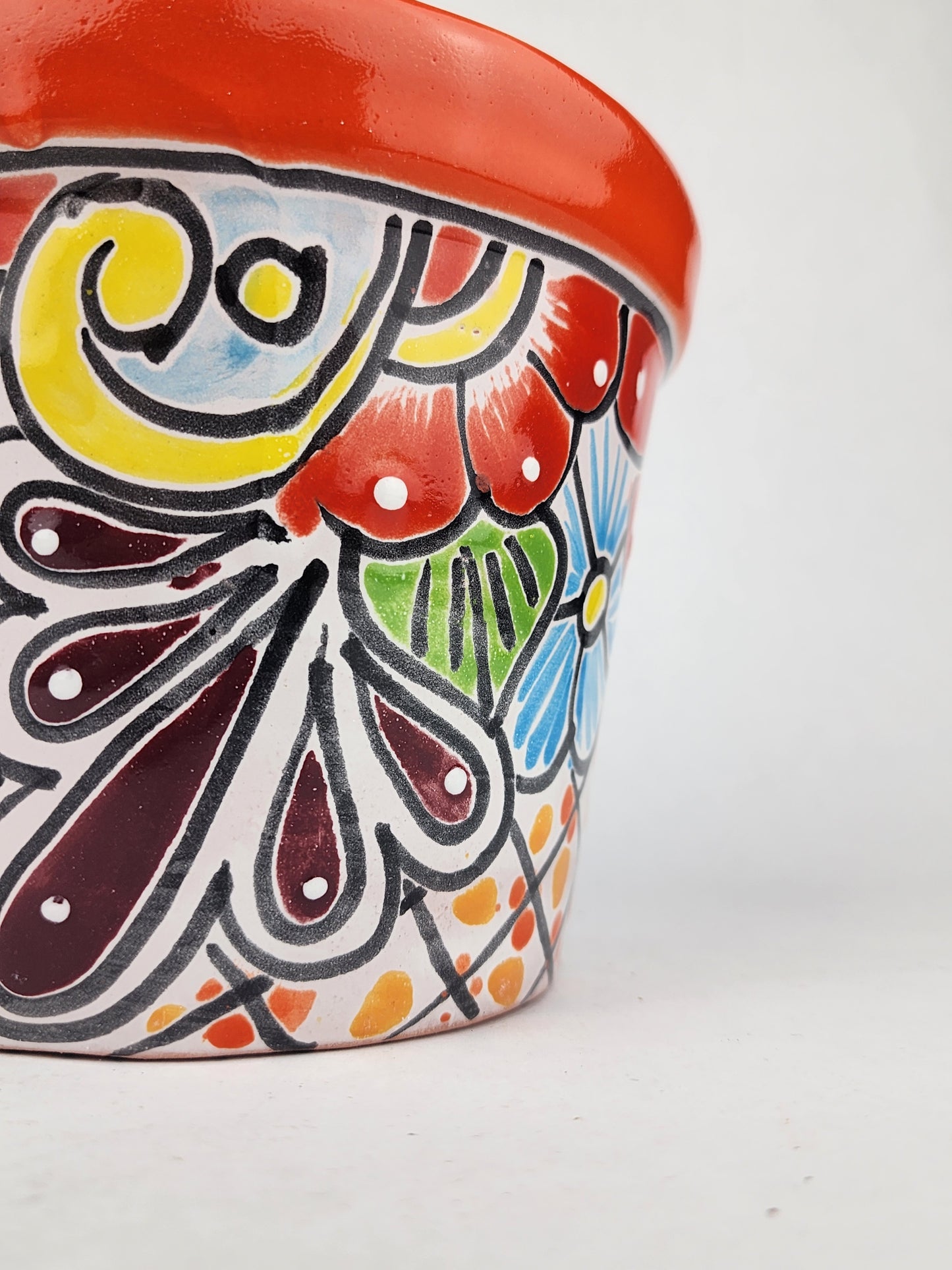 Red Orange Rim Talavera-Style Ceramic Planter 7" | Decorative Flower Pot