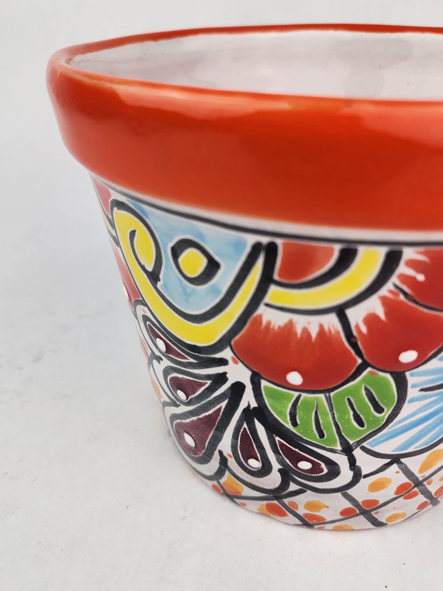 Red Orange Rim Talavera-Style Ceramic Planter 7" | Decorative Flower Pot