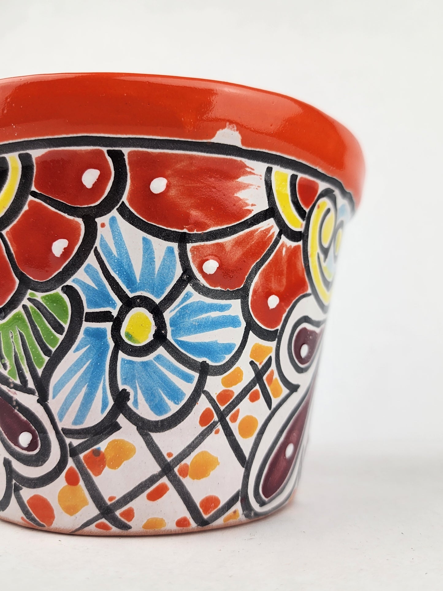 Red Orange Rim Talavera-Style Ceramic Planter 6" | Indoor Plant Pot