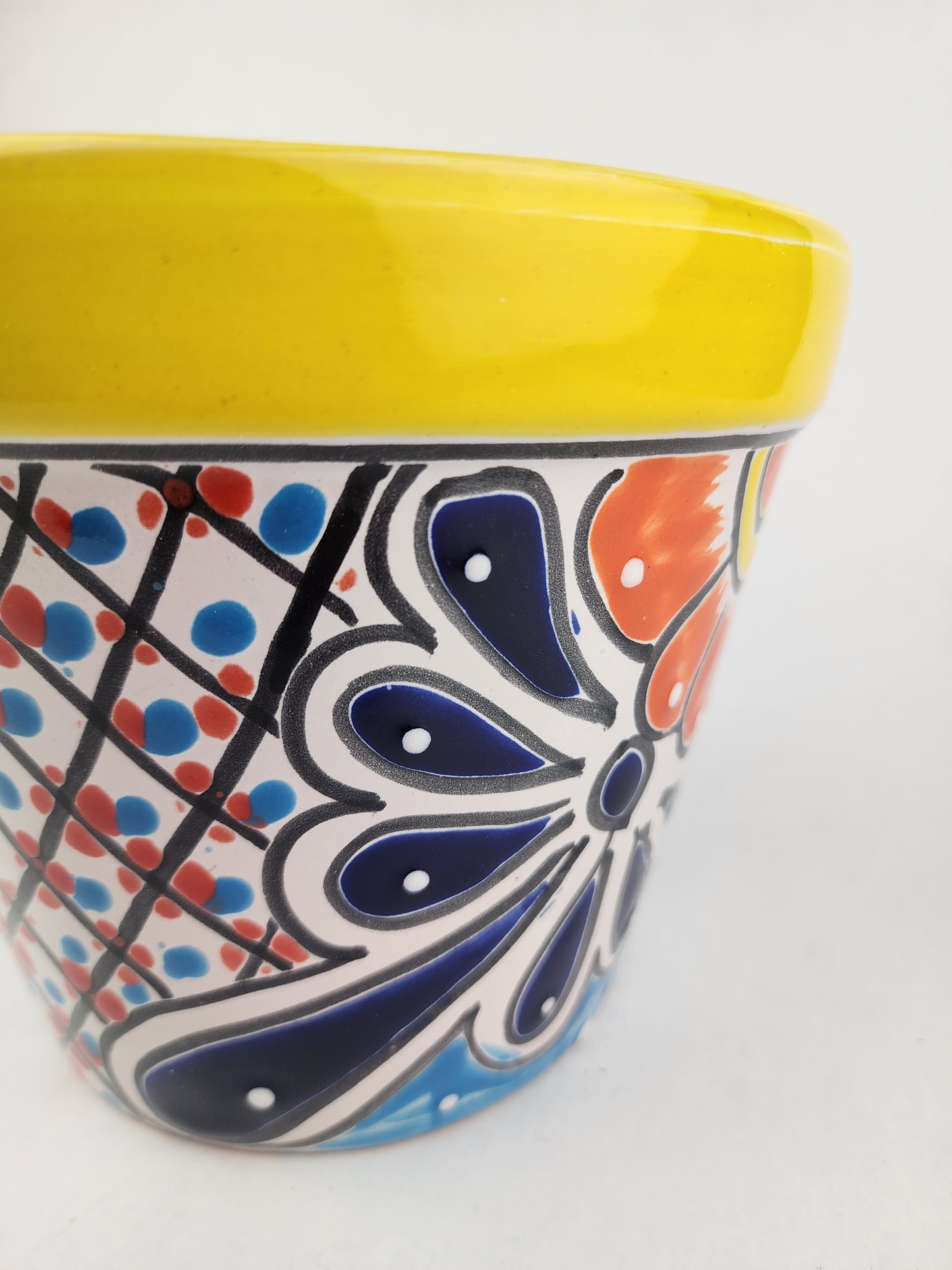 Yellow Rim Talavera-Style Ceramic Planter 8" | Statement Plant Pot