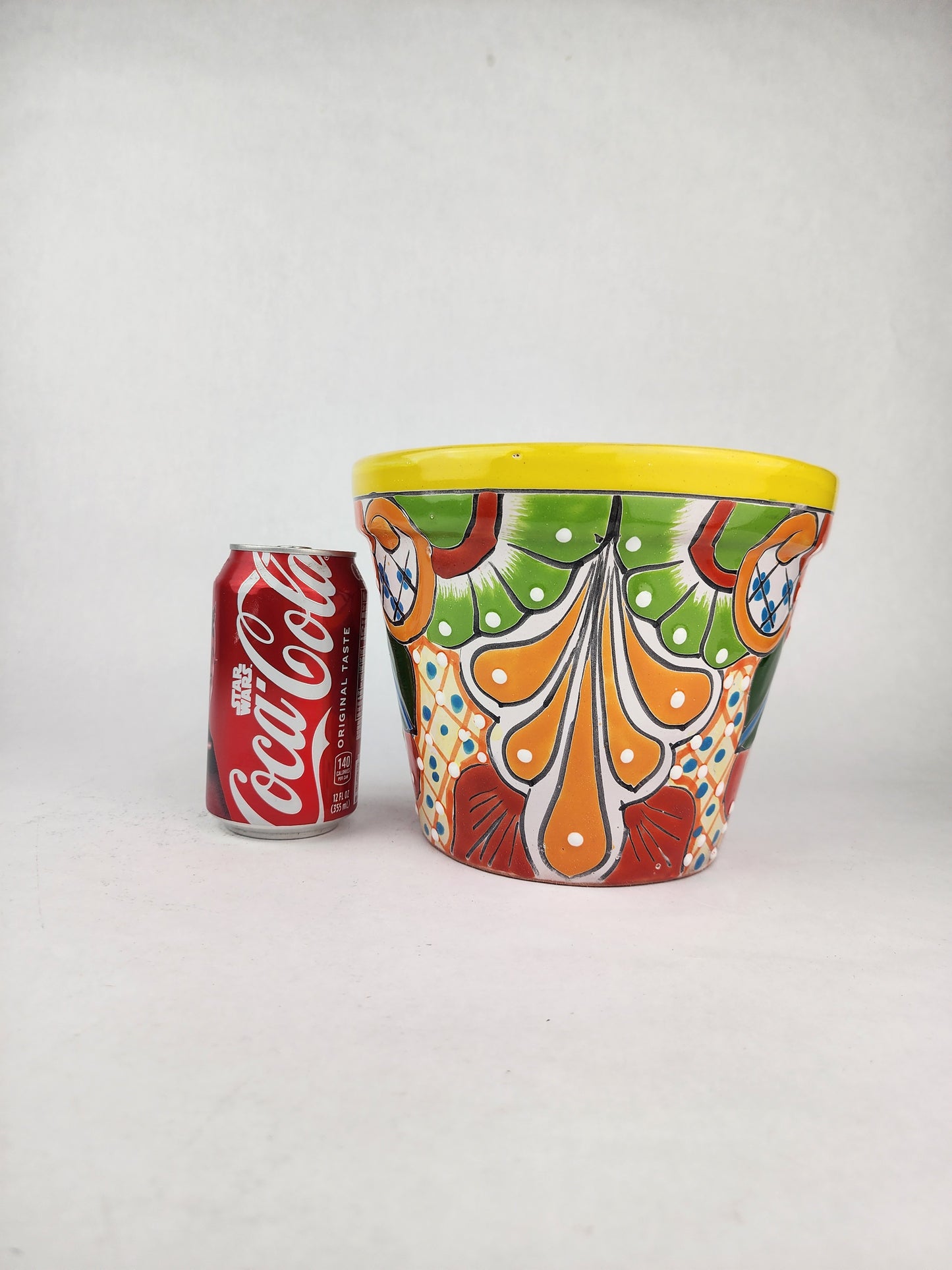 Yellow Rim Talavera-Style Ceramic Planter 8" | Floral Houseplant Pot