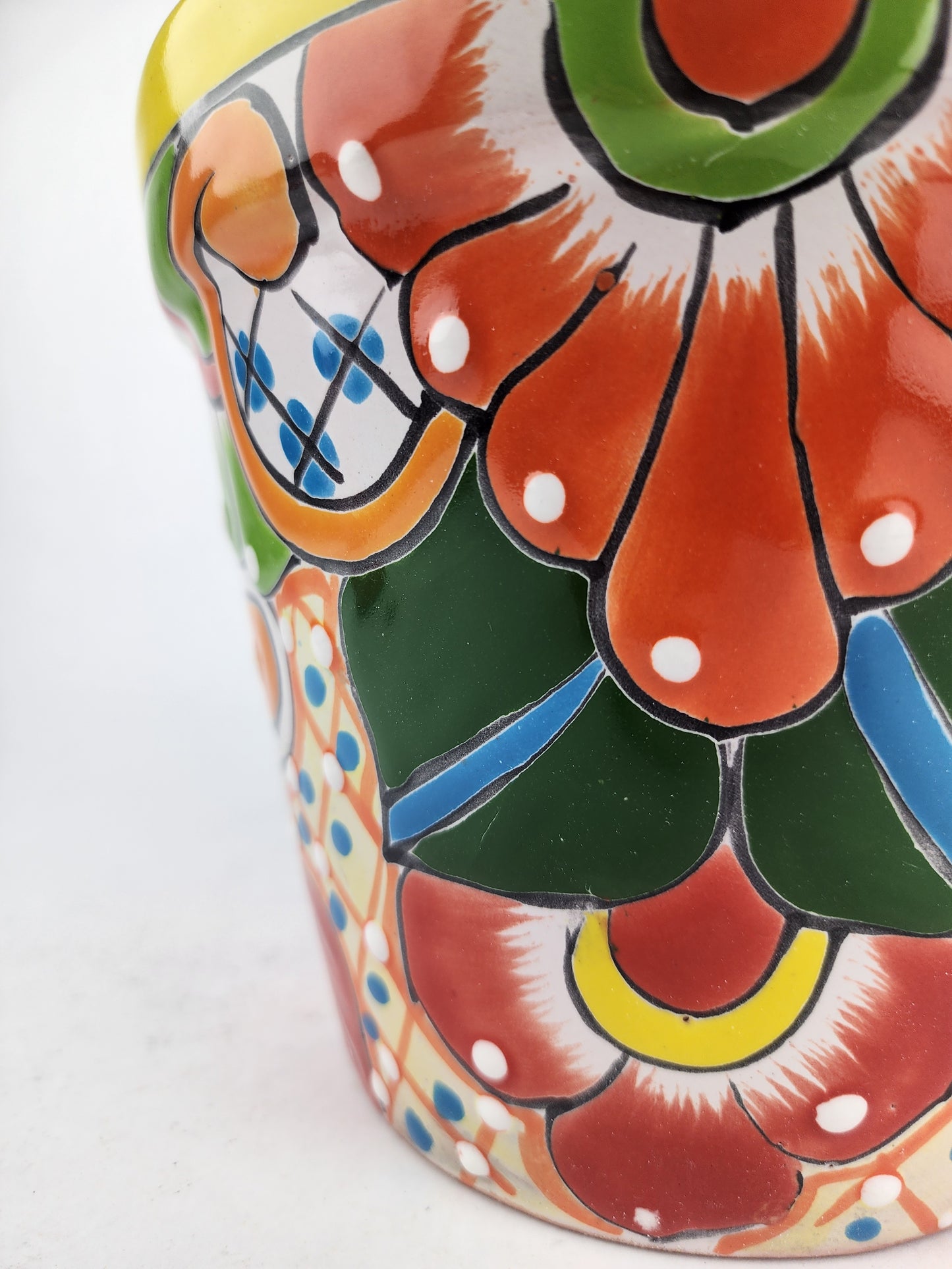 Yellow Rim Talavera-Style Ceramic Planter 8" | Floral Houseplant Pot