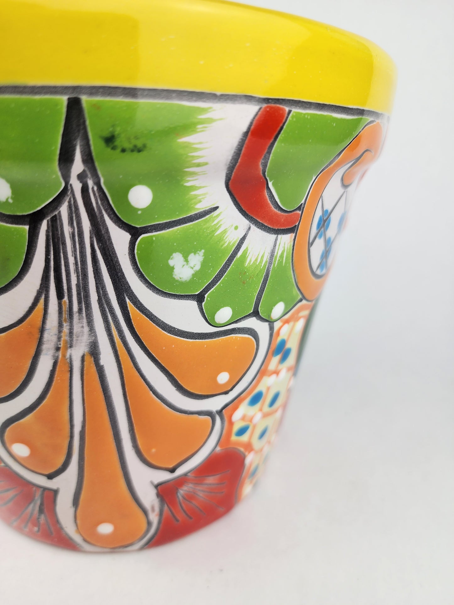 Yellow Rim Talavera-Style Ceramic Planter 8" | Floral Houseplant Pot