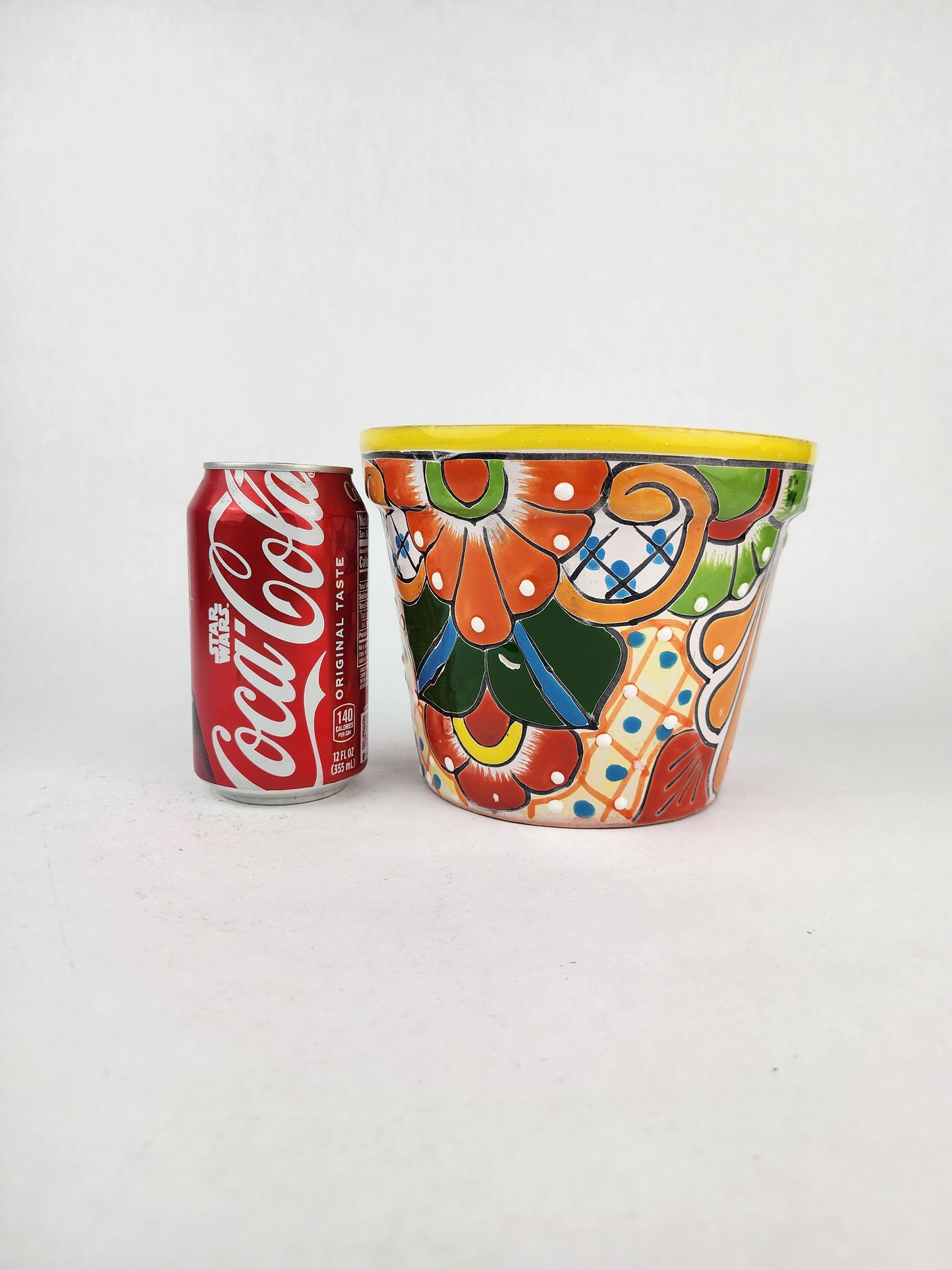 Yellow Rim Talavera-Style Ceramic Planter 7" | Floral Houseplant Pot
