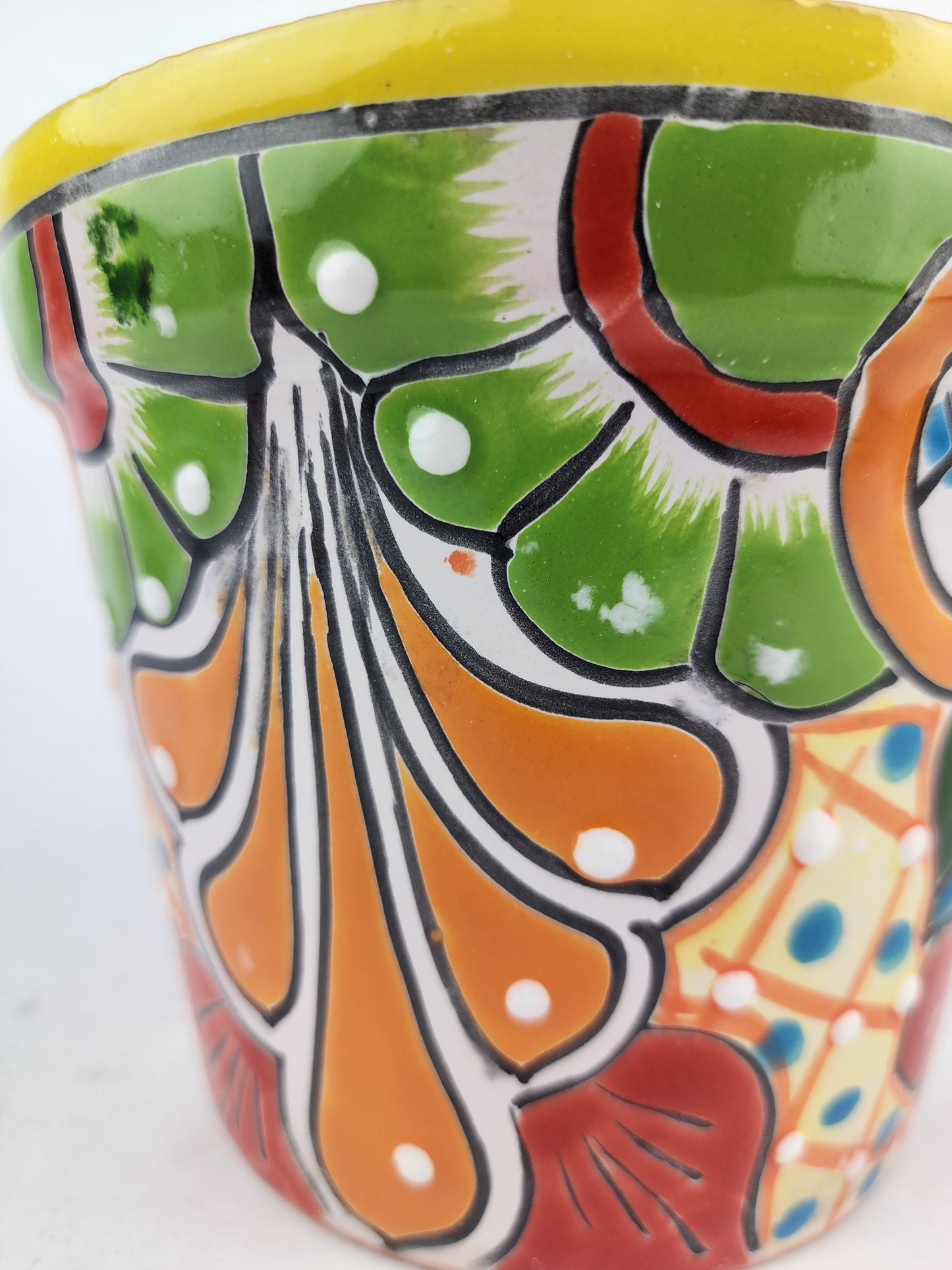 Yellow Rim Talavera-Style Ceramic Planter 7" | Floral Houseplant Pot