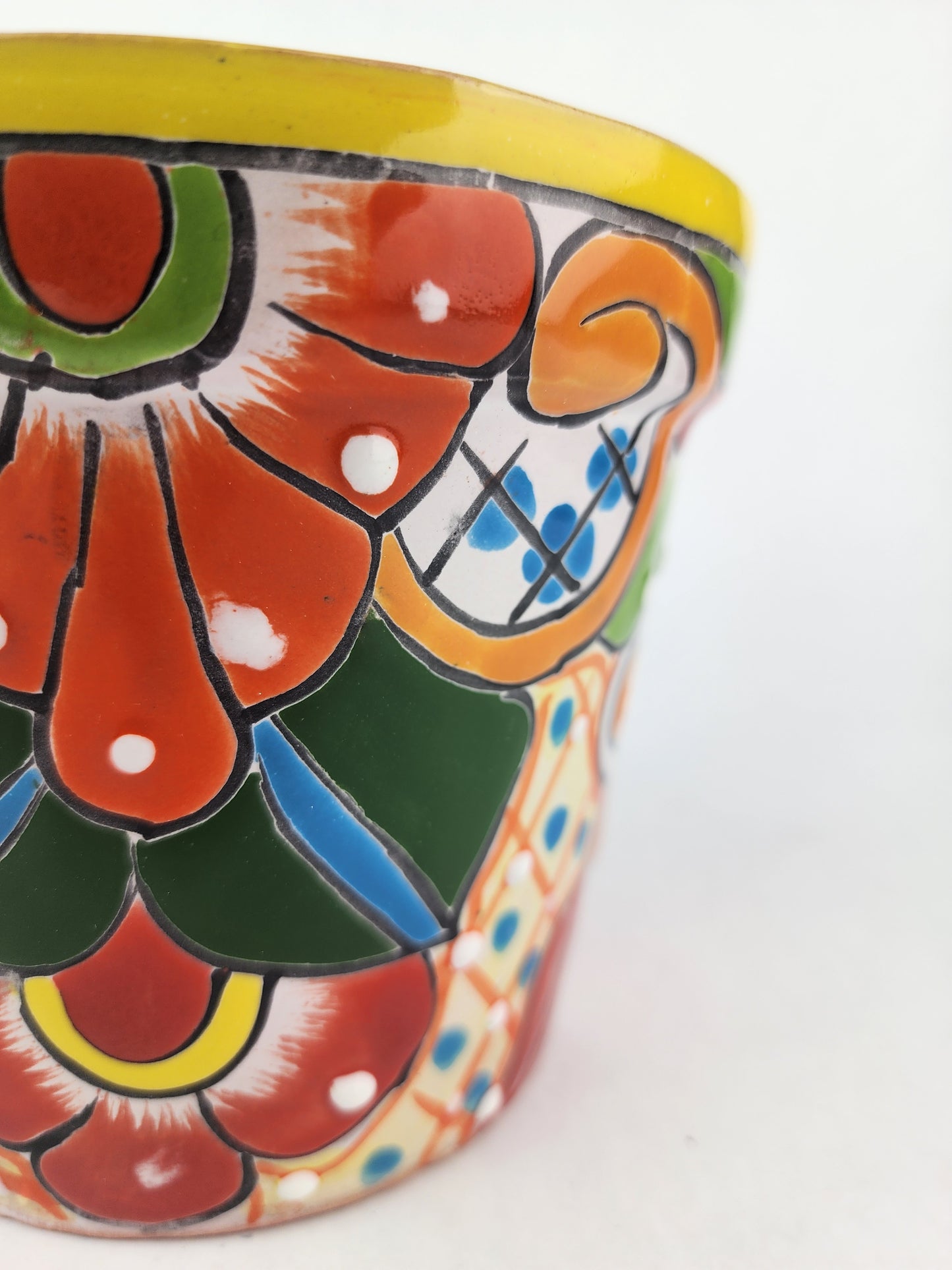 Yellow Rim Talavera-Style Ceramic Planter 7" | Floral Houseplant Pot