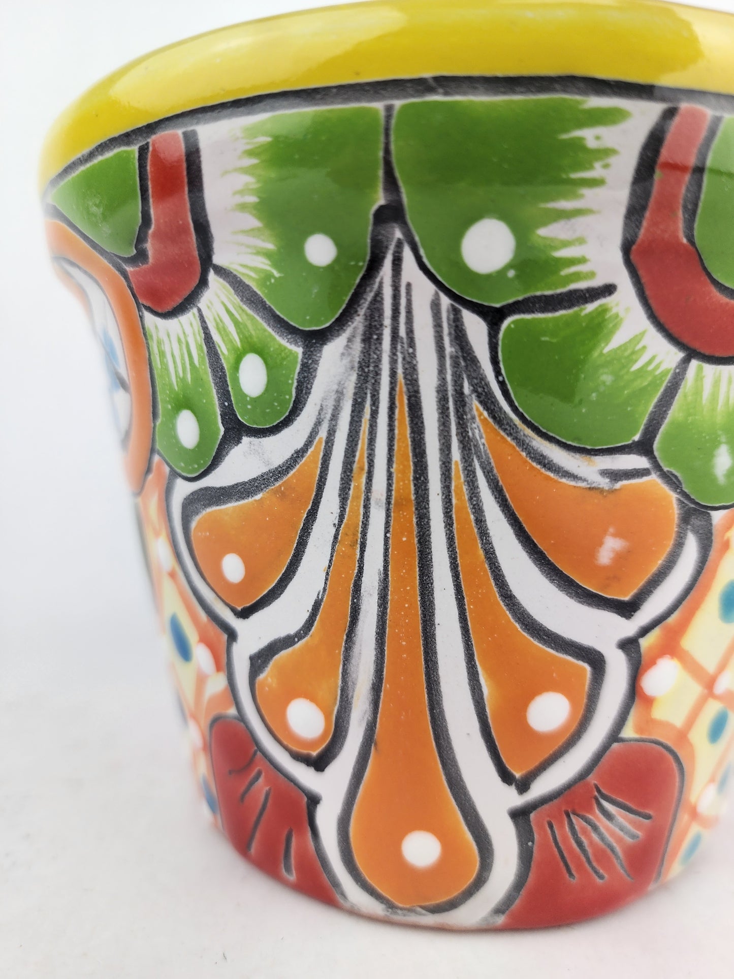 Yellow Rim Talavera-Style Ceramic Planter 6" | Floral Houseplant Pot