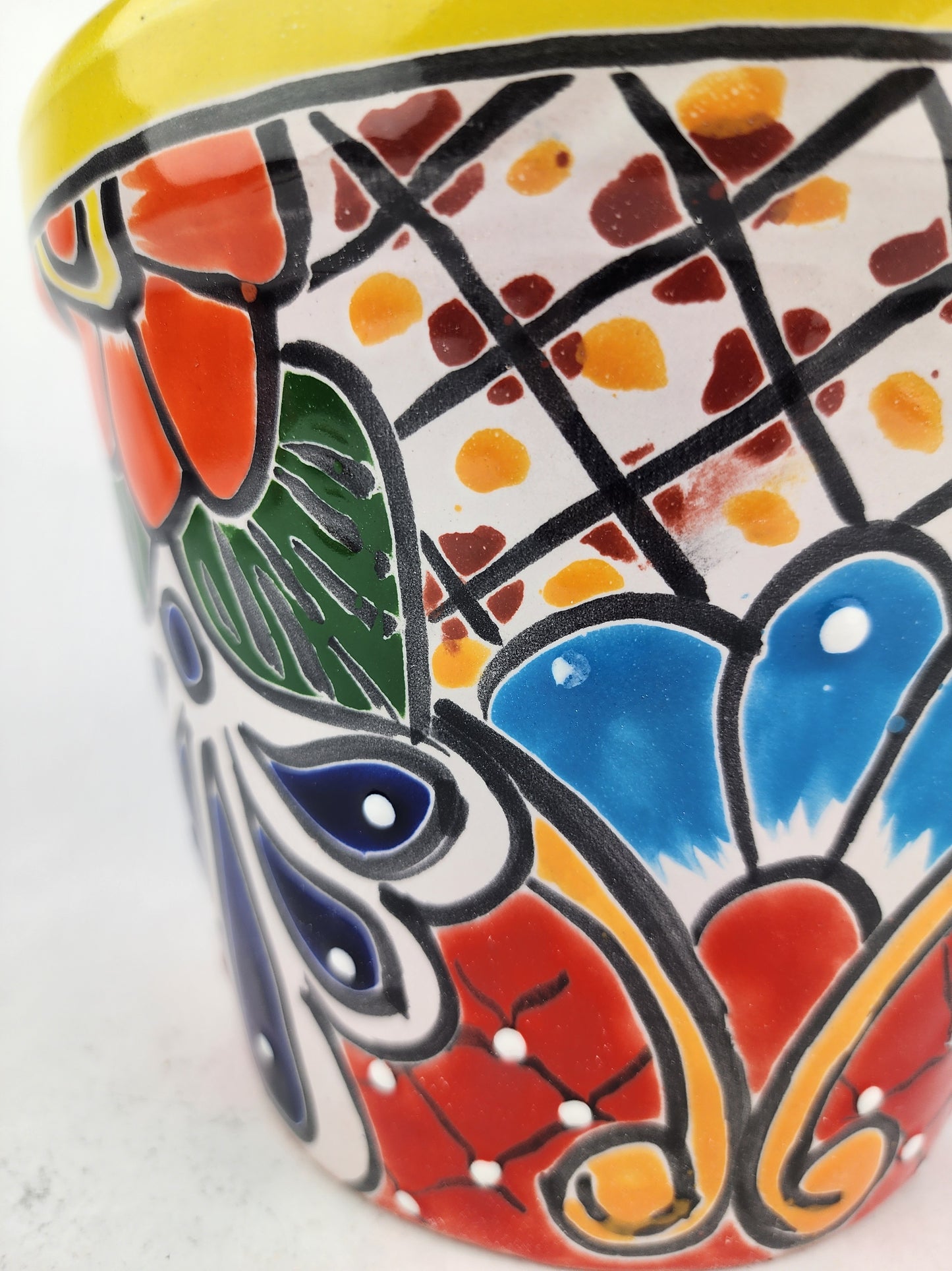 Yellow Rim Talavera-Style Ceramic Planter 8" | Decorative Flower Pot