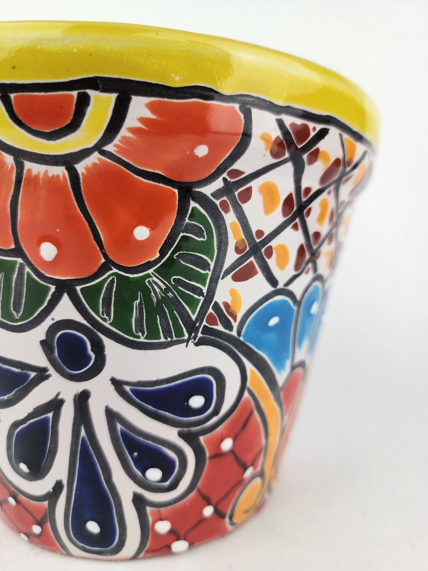 Yellow Rim Talavera-Style Ceramic Planter 8" | Decorative Flower Pot