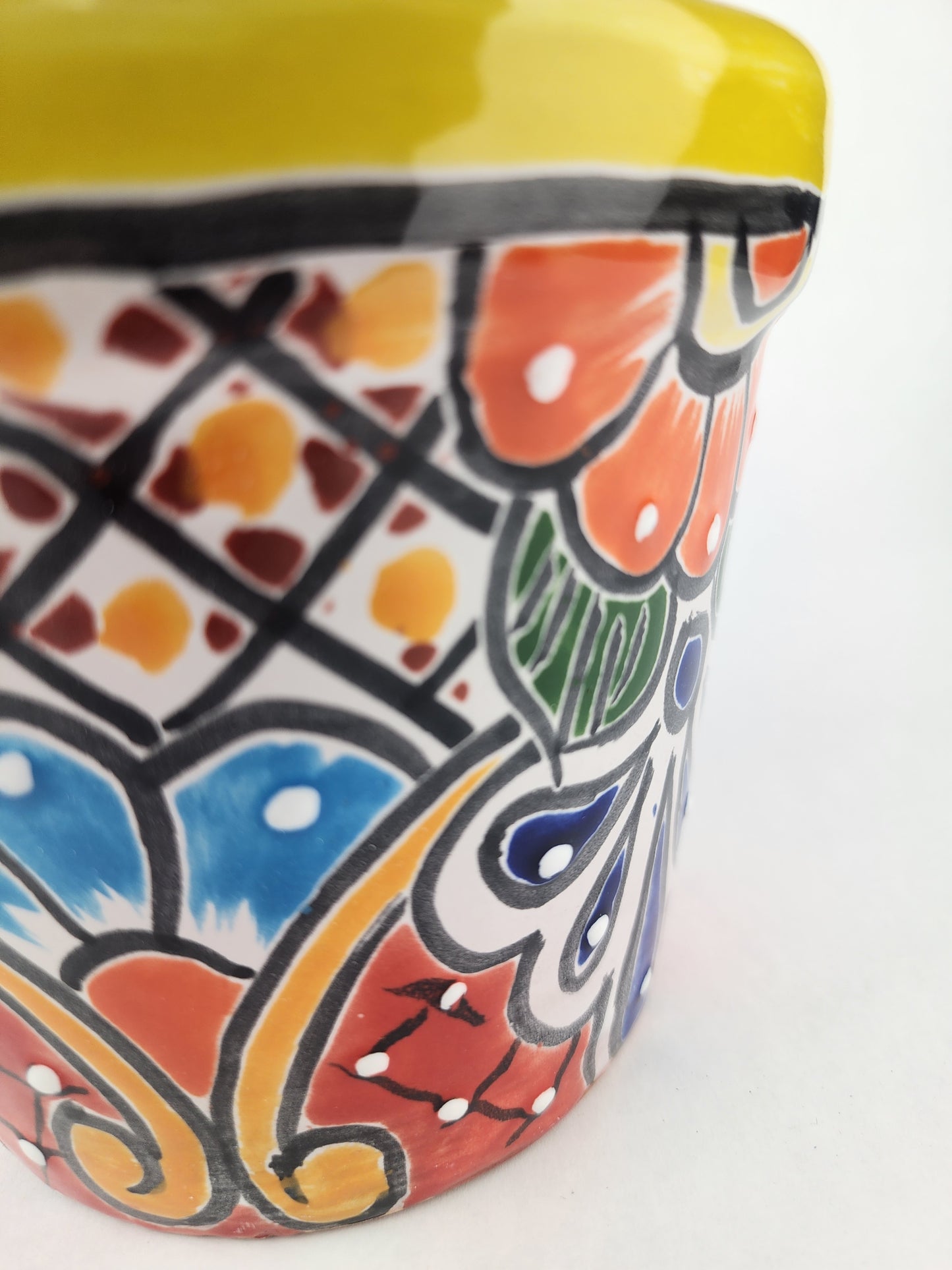 Yellow Rim Talavera-Style Ceramic Planter 7" | Succulent Plant Pot