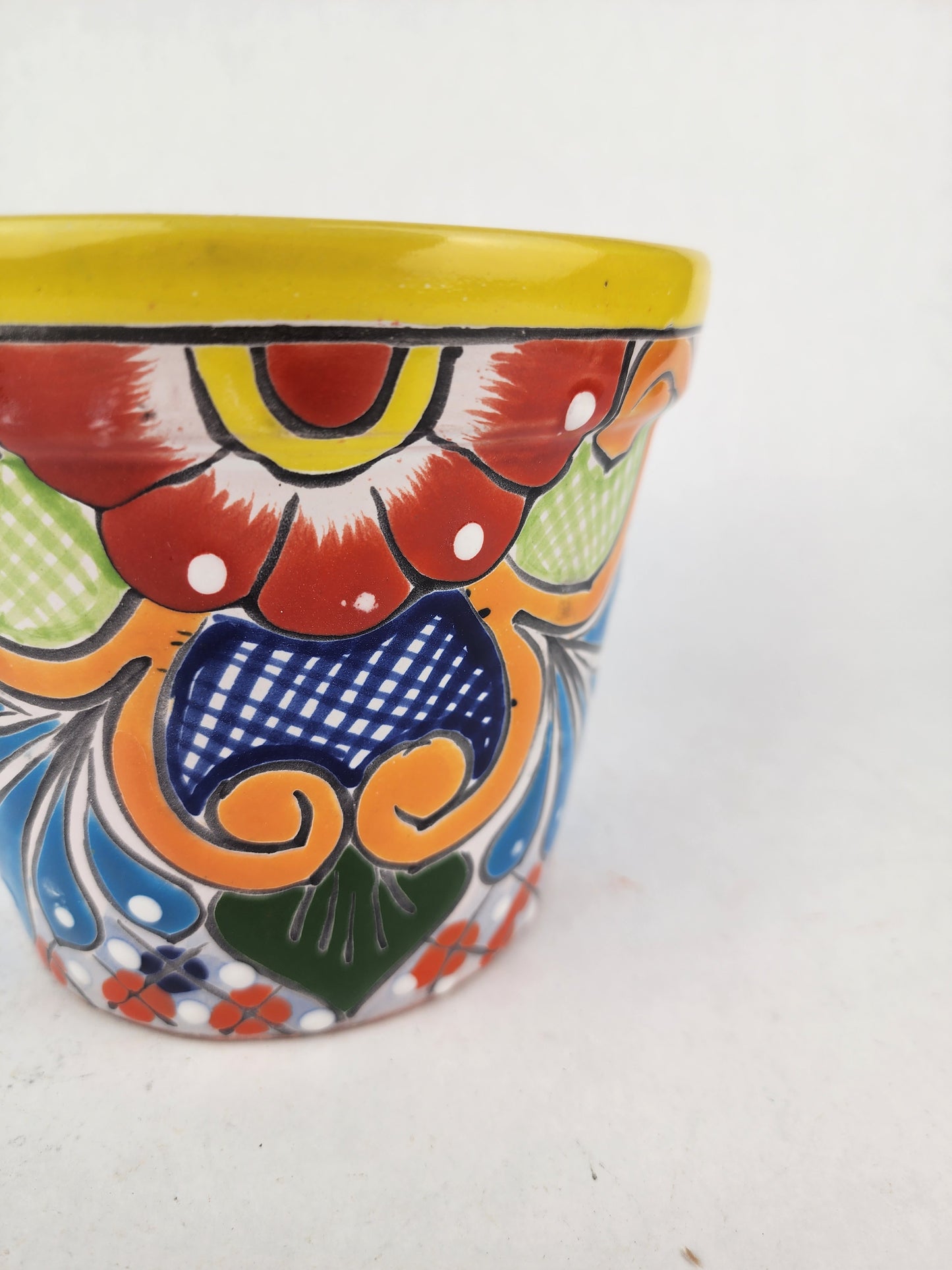 Yellow Rim Talavera-Style Ceramic Planter 7" | Decorative Flower Pot