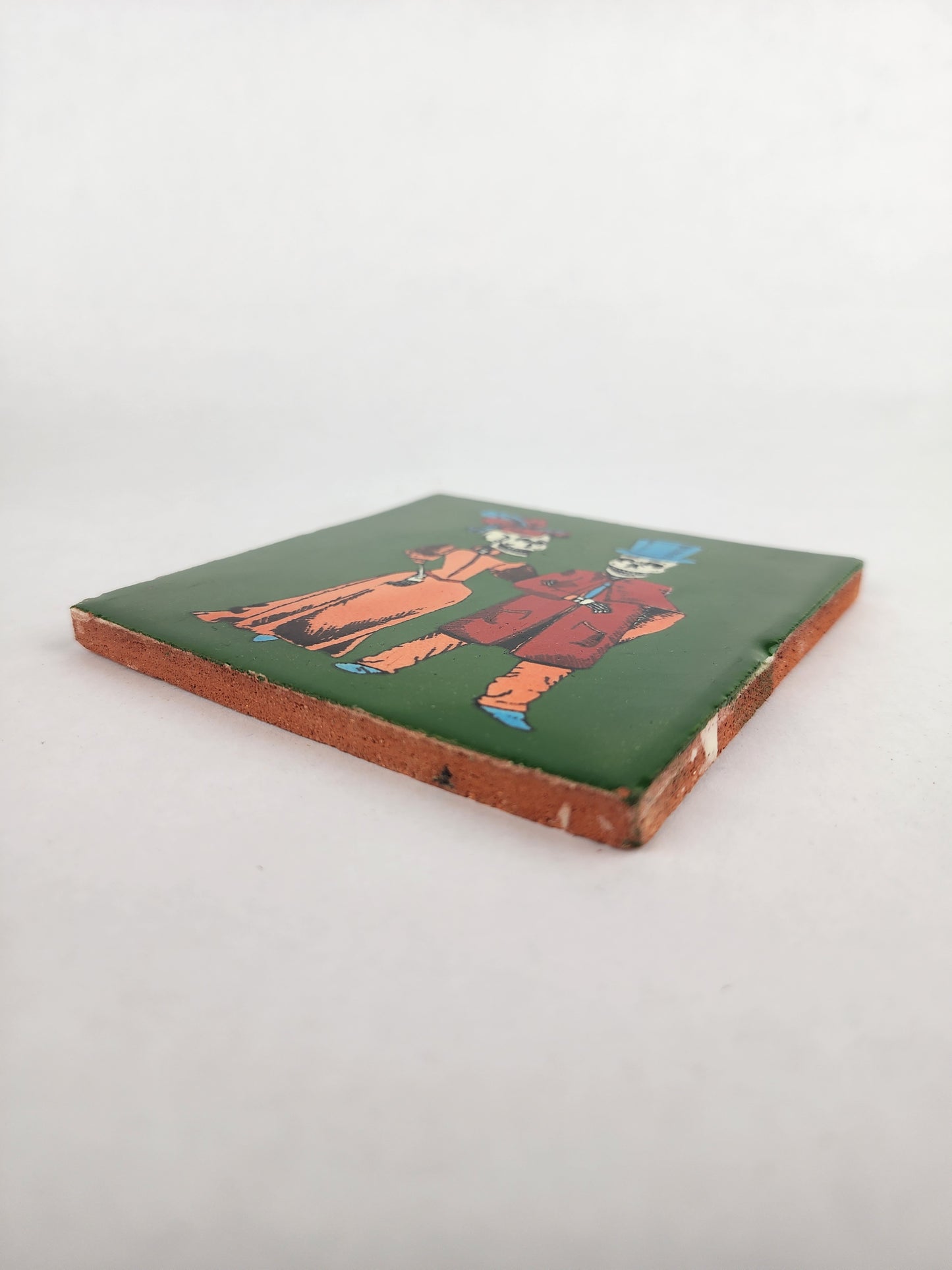 Skeleton Couple Standing Ceramic Tile – Green 4 1/8" Mexican Folk Art