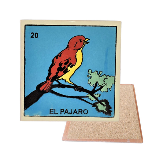 El Pajaro #20 Loteria ceramic coaster with bird artwork and cork-backed reverse on a white background
