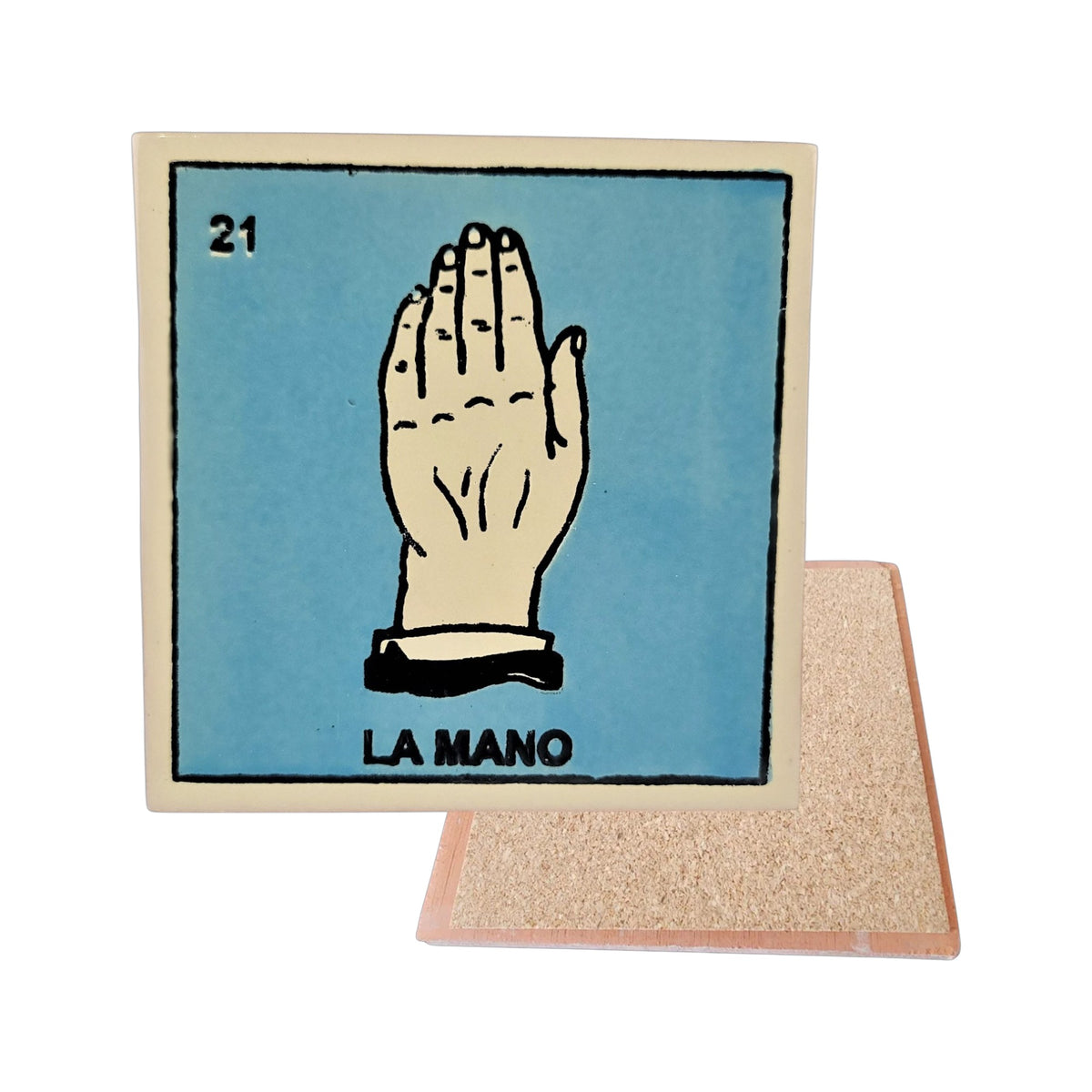La Mano #21 Loteria ceramic coaster with hand artwork and cork-backed reverse on a white background
