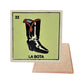 La Bota #22 Loteria ceramic coaster with boot artwork and cork-backed reverse on a white background
