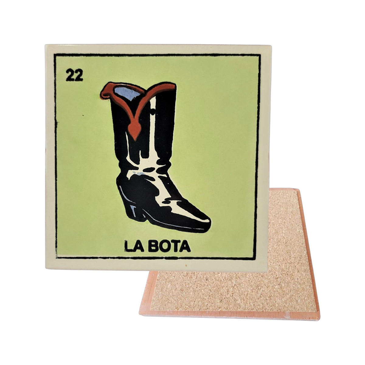 La Bota #22 Loteria ceramic coaster with boot artwork and cork-backed reverse on a white background
