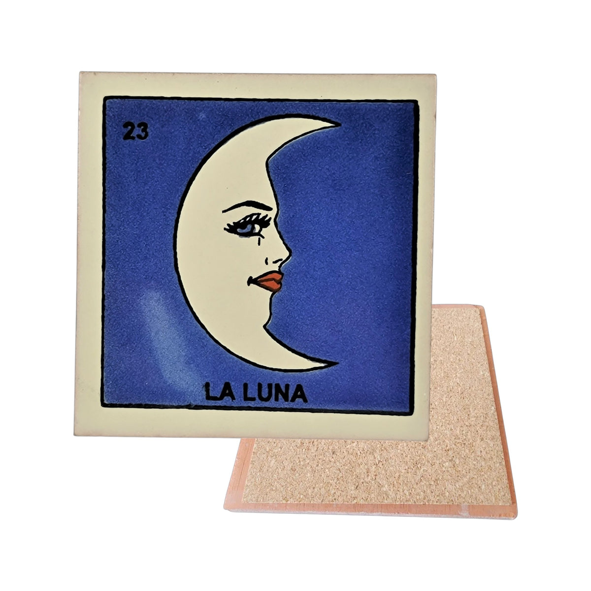 La Luna #23 Loteria ceramic coaster with moon artwork and cork-backed reverse on a white background
